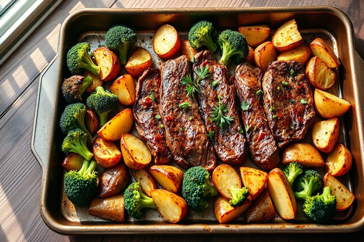 A beautifully arranged sheet pan dinner takes center stage in the image, showcasing a vibrant assortment of roasted ingredients. The pan features perfectly seared slices of juicy steak, glistening with a golden-brown crust, strategically placed alongside crispy, golden-brown potato wedges. Bright green broccoli florets are artfully scattered throughout, their edges slightly charred, adding a pop of color and texture. The background is softly blurred, emphasizing the pan, while the rich, warm tones of the roasted vegetables contrast with the deep red of the steak. A sprinkle of fresh herbs, such as rosemary and parsley, adorns the dish, enhancing its visual appeal. The surface beneath the sheet pan is rustic wood, lending an inviting, home-cooked feel, while natural light streams in from the side, casting gentle shadows and highlighting the meal’s delicious details. The overall composition evokes a sense of warmth and comfort, perfect for a high-protein, gluten-free dinner that celebrates wholesome ingredients and easy cooking.