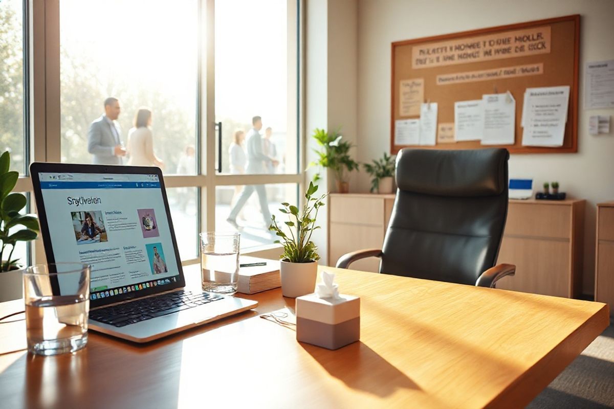 A photorealistic image of a clean, modern office space bathed in warm, natural light. In the foreground, a sleek wooden desk is cluttered with a few essential office items: a laptop open with a webpage displaying health information, a glass of water, and a small potted plant adding a touch of greenery. On the desk, a box of tissues and hand sanitizer are visibly placed, emphasizing hygiene. Behind the desk, a comfortable office chair is slightly pulled back, suggesting someone has just stepped away. In the background, large windows reveal a bright, sunny day with people walking outside, creating a sense of community. The walls are painted in soft, calming colors, and a bulletin board is adorned with health tips and reminders about staying home when sick. The overall ambiance conveys a blend of professionalism and warmth, promoting both productivity and health awareness in the workplace. The composition highlights the importance of maintaining hygiene and comfort while working, especially during times of illness.