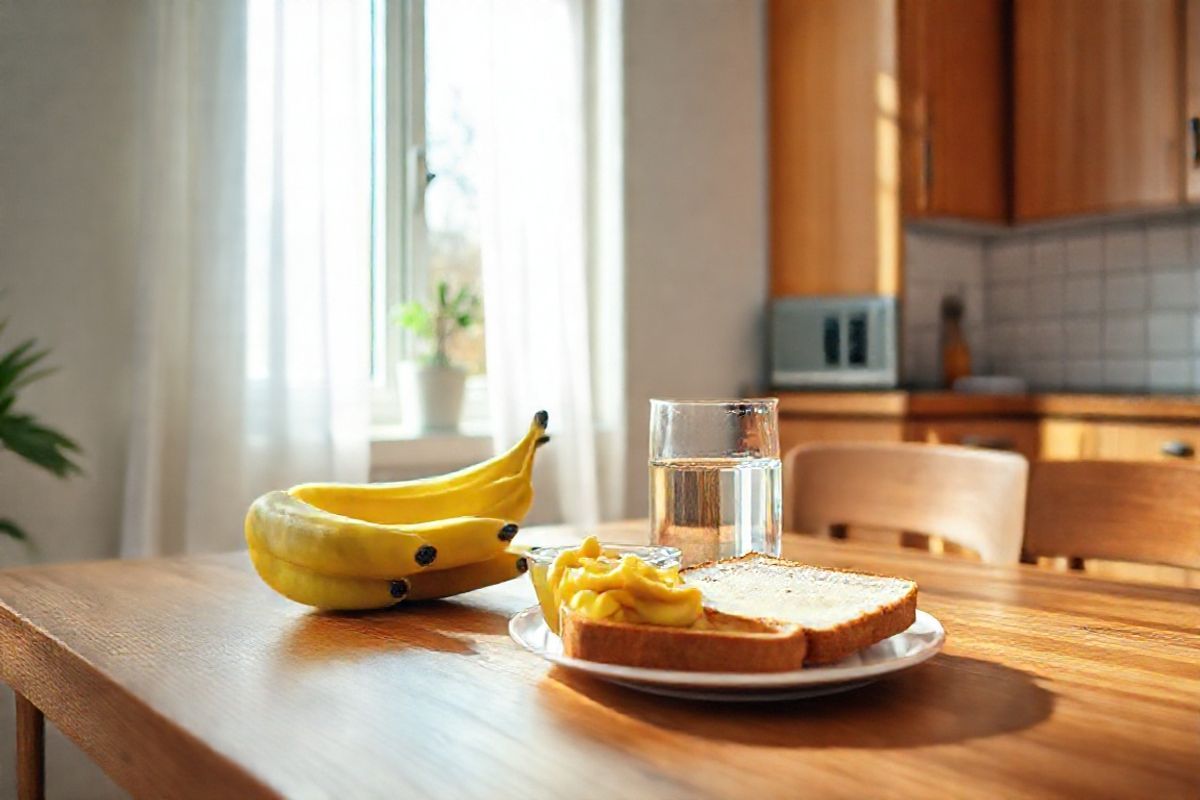 A photorealistic image depicting a serene and comforting kitchen scene. In the foreground, a wooden dining table is set with a simple yet elegant arrangement of fresh ingredients: ripe bananas, a bowl of applesauce, and a plate of plain toast, symbolizing the BRAT diet. A glass of clear water and a small pitcher of electrolyte solution sit nearby, emphasizing hydration. Soft, natural light filters through a window adorned with sheer curtains, casting gentle shadows across the table. In the background, a tidy kitchen with warm wooden cabinets and white tiled backsplash features a small potted plant on the windowsill, adding a touch of life. The atmosphere is calm and inviting, suggesting a space where one can recuperate and find comfort during a bout of illness. The focus on fresh, healthy foods and a clean environment communicates a message of care and recovery, making it an ideal visual representation of managing diarrhea and promoting wellness.