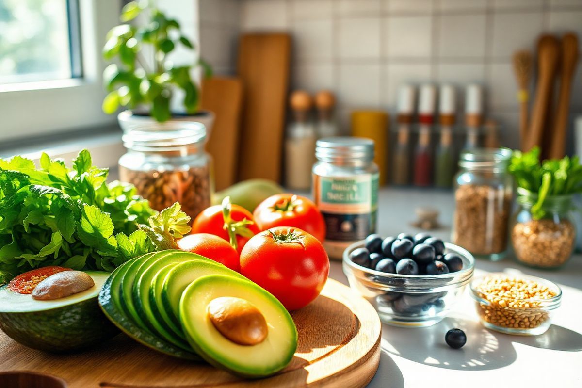 A photorealistic image of a serene kitchen countertop filled with an array of vibrant, fresh fruits and vegetables, showcasing a heart-healthy lifestyle. In the foreground, a wooden cutting board holds sliced avocados, bright red tomatoes, and leafy greens, while a small bowl of shiny, dark blueberries sits nearby. A glass jar filled with golden flaxseeds and a bottle of omega-3 fish oil capsules can be seen in the background, along with a colorful display of spices in small glass containers. Sunlight streams through a window, casting a warm glow on the scene, enhancing the rich colors of the produce. A potted herb plant, such as basil or rosemary, adds a touch of greenery and freshness to the arrangement. The overall atmosphere is inviting and wholesome, embodying the essence of healthy eating and the importance of incorporating nutritious foods and supplements into a heart health regimen.