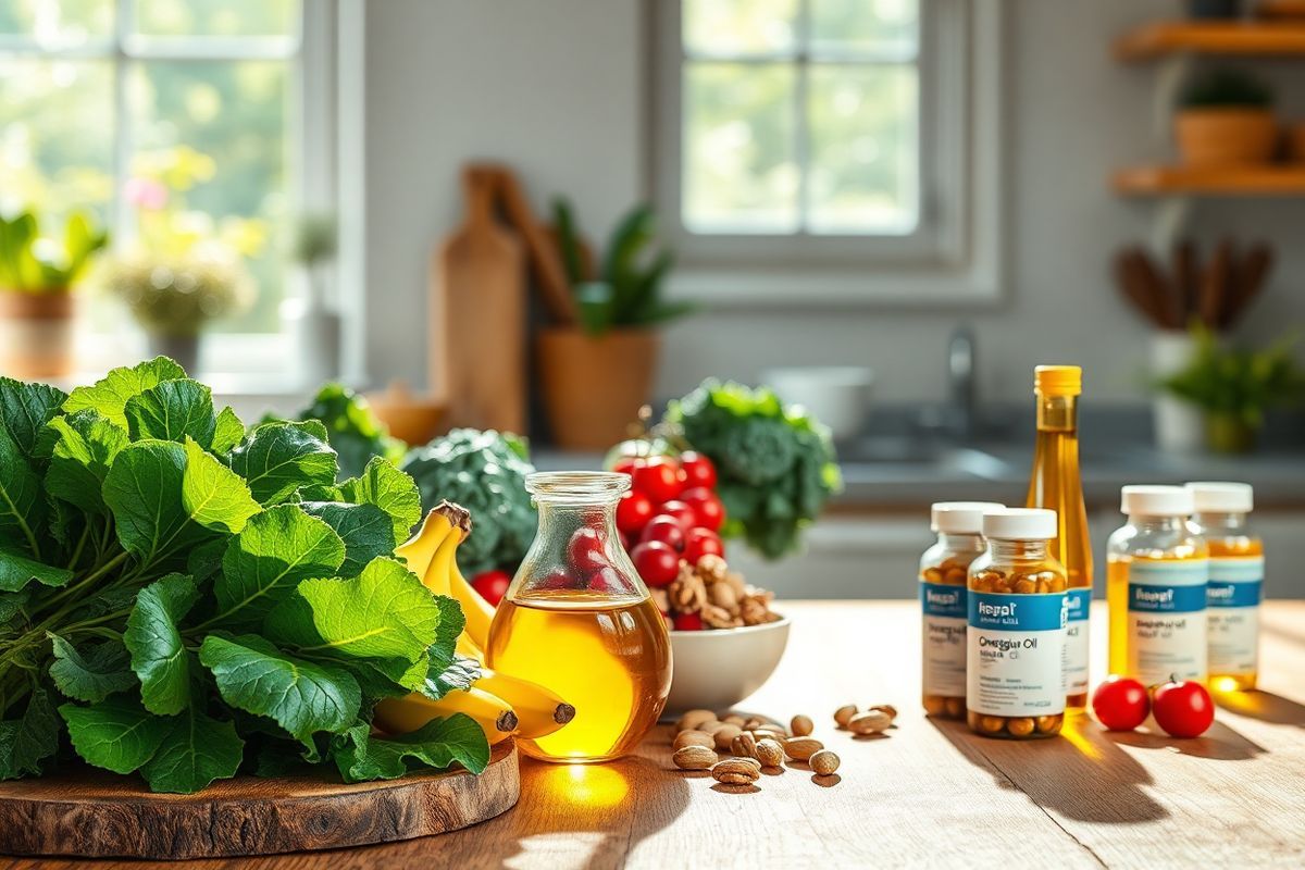 A photorealistic image depicting a serene kitchen setting bathed in soft, natural light. In the foreground, a rustic wooden table is adorned with an array of colorful, fresh produce representing heart-healthy foods: vibrant green leafy vegetables like spinach and kale, juicy bananas, and bright red cherries. A small bowl of walnuts and a glass bottle of golden olive oil are artfully placed nearby, emphasizing healthy fats. In the background, a window reveals a lush garden, with sunlight filtering through, adding warmth to the scene. On the countertop, a few dietary supplements—neatly arranged bottles of omega-3 fish oil, magnesium capsules, and coenzyme Q10—are visible, hinting at a balanced health regimen. The atmosphere is inviting, promoting a sense of wellness and the importance of nutrition in maintaining heart health. The overall composition conveys a harmonious blend of nature, health, and culinary delight, encouraging viewers to consider the role of diet and supplements in supporting cardiovascular wellness.