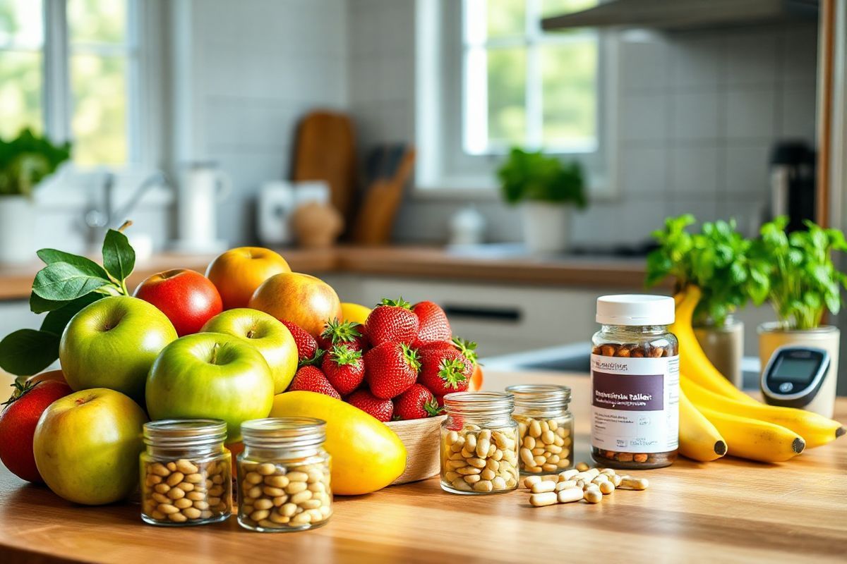 A photorealistic image depicts a serene kitchen setting with a warm, inviting atmosphere. The focal point is a wooden table adorned with a neatly arranged collection of colorful fruits, including vibrant green apples, bright red strawberries, and ripe bananas, symbolizing a healthy diet. Surrounding the table, there are various supplements, such as small glass jars filled with herbal capsules and a bottle of chromium tablets, emphasizing the importance of dietary considerations. In the background, a window allows soft, natural light to stream in, illuminating fresh herbs like basil and mint in pots, suggesting a connection to wholesome cooking. The kitchen features modern appliances and a subtle hint of medical paraphernalia, like a blood glucose monitor on the counter, reinforcing the theme of diabetes management. The overall composition evokes a sense of balance between nutrition, health, and the careful management of diabetes, creating a visual narrative that complements the importance of medication awareness and dietary influences.