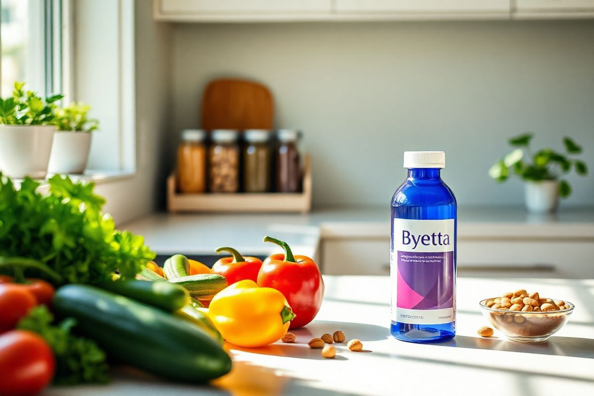 A serene and inviting kitchen scene bathed in soft, natural light. The focal point is a stylish countertop adorned with fresh, colorful vegetables like ripe tomatoes, crisp cucumbers, and vibrant bell peppers, symbolizing healthy eating. Next to the vegetables, a sleek, modern bottle of Byetta sits elegantly, its design reflecting simplicity and medical professionalism. In the background, a well-organized spice rack displays jars of herbs, hinting at culinary creativity. A small, attractive bowl filled with assorted nuts adds a touch of texture and warmth to the composition. The walls are painted in soothing pastel colors, enhancing the overall calm atmosphere of the space. A small potted plant with lush green leaves sits on the windowsill, bringing a sense of life and vitality to the kitchen. The scene conveys a balance between health-conscious living and aesthetic appeal, making it perfect for reinforcing the themes of dietary management and lifestyle changes associated with Byetta. The overall ambiance is one of tranquility and inspiration, encouraging viewers to embrace a healthier lifestyle.