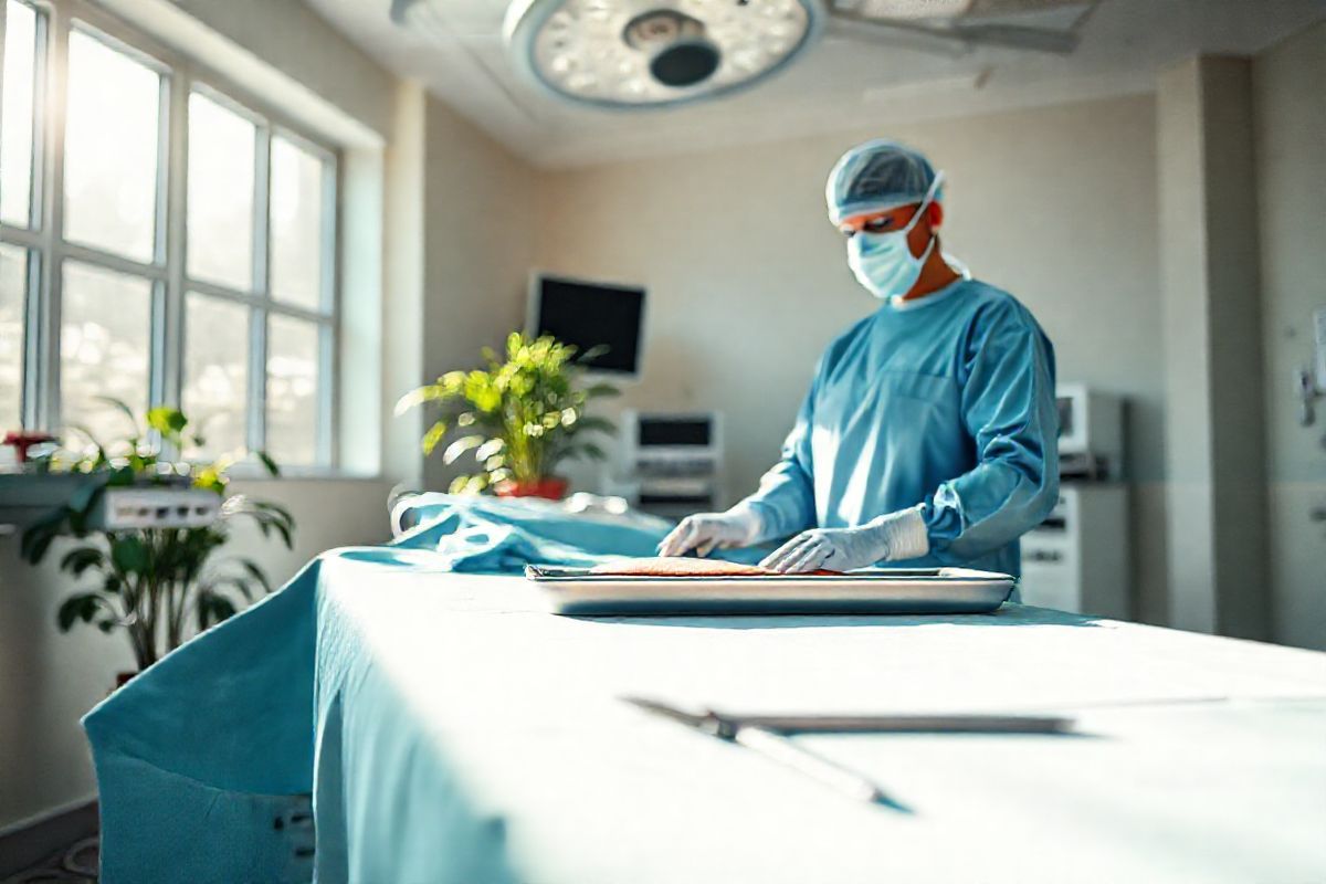 A photorealistic image depicting a serene surgical environment in an operating room, bathed in soft, natural light streaming through large windows. The foreground features a well-organized surgical table, impeccably sterile, with surgical instruments gleaming under the bright overhead lights. In the background, a skilled surgeon, dressed in a surgical gown, mask, and gloves, is gently handling a full thickness skin graft, showcasing the delicate nature of the procedure. The graft, a perfect oval of skin, is placed on a sterile tray beside the surgeon. The walls are adorned with calming pastel colors, and medical equipment is neatly arranged, emphasizing a sense of order and professionalism. A potted plant in the corner adds a touch of warmth to the clinical setting, symbolizing healing and recovery. The overall composition conveys a blend of precision, care, and the human touch involved in the surgical process, inviting viewers to appreciate the intricacies of the full thickness skin graft procedure without any text distractions.