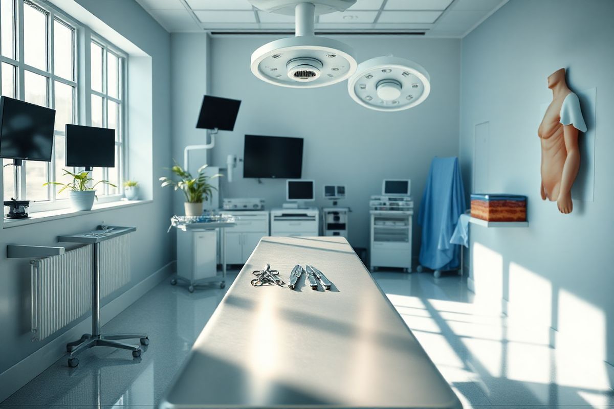 A photorealistic image depicting a serene and inviting surgical room, elegantly illuminated by soft, natural light streaming through large windows. The room features a stainless steel surgical table at the center, neatly arranged with surgical instruments reflecting the light, showcasing their precision and cleanliness. In the background, a well-organized array of medical equipment, including monitors and sterile drapes, conveys a sense of readiness and professionalism.   To the side, a large anatomical model of human skin highlights the various layers, including the epidermis and dermis, emphasizing the intricacies of skin graft procedures. A potted plant on the windowsill adds a touch of warmth and life to the clinical environment.   The color palette is calming, with soft blues and whites dominating, suggesting a sterile yet comforting atmosphere. The image captures the essence of surgical precision and care, inviting viewers into a space where healing and restoration occur, ultimately reflecting the importance of full thickness skin grafts in medical practice.