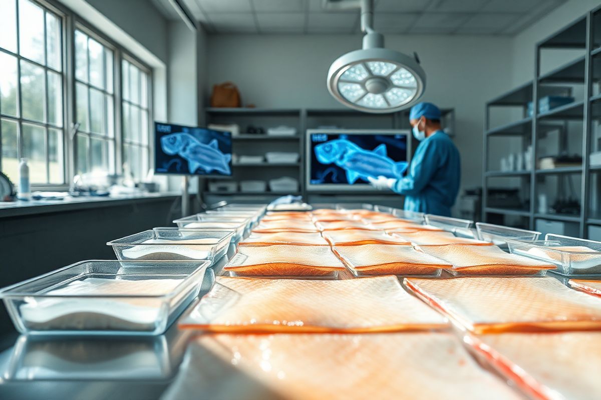 A photorealistic image depicting a serene and clinical laboratory setting, where fish skin grafts are being prepared for medical use. The foreground features a pristine, stainless steel surgical table, adorned with neatly arranged, transparent containers holding sheets of glistening fish skin, showcasing its natural texture and vibrant colors. Soft natural light filters through large windows, casting gentle shadows and highlighting the intricate details of the fish skin, including its scales and collagen structure. In the background, a skilled healthcare professional, dressed in sterile scrubs and gloves, meticulously examines the grafts under a bright surgical lamp. Shelves lined with medical equipment and sterile tools can be seen, contributing to the clean and organized atmosphere. A large digital monitor displays microscopic images of the fish skin’s cellular composition, emphasizing its similarity to human tissue. The overall ambiance conveys a sense of advanced medical technology and innovation, while evoking a feeling of hope for patients seeking effective wound healing solutions. The image should focus on clarity and detail, capturing the essence of modern medical practices involving fish skin grafts.