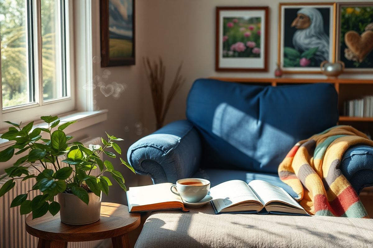 A photorealistic image captures a serene and inviting scene inside a cozy living room, bathed in soft, warm light from a nearby window. The focal point is a plush, overstuffed armchair upholstered in rich, deep blue fabric, positioned next to a small wooden side table. On the table, a steaming cup of herbal tea rests beside an open book, its pages gently fluttering as if caught in a soft breeze. A lush green plant in a ceramic pot adds a touch of nature, while a colorful throw blanket is casually draped over the armchair. The walls are adorned with framed photographs of nature scenes, showcasing vibrant landscapes and blooming flowers that evoke a sense of tranquility. A subtle hint of a heart-shaped ornament, symbolizing love and care, can be seen on the shelf in the background. The overall atmosphere is one of comfort and well-being, reflecting the positive emotions and enhanced quality of life experienced by patients after starting beta-blocker therapy, inviting viewers to envision a space of relaxation and rejuvenation.