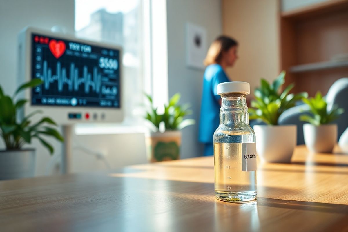 A photorealistic image of a serene, well-lit clinical setting focused on a heart monitor displaying stable heart rhythms. In the foreground, a close-up of a glass vial filled with a clear liquid, labeled with a simple white cap symbolizing beta-blockers, is placed on a polished wooden table. Soft, natural light streams in through a nearby window, casting gentle shadows and highlighting the vial’s details. In the background, a blurred view of a healthcare professional in scrubs is seen interacting with a patient, conveying a sense of care and professionalism. Lush green plants in decorative pots are strategically positioned around the room, adding a touch of warmth and tranquility to the environment. The overall color palette is calming, featuring soft blues, greens, and warm neutrals, enhancing the sense of hope and healing associated with effective heart failure treatment.