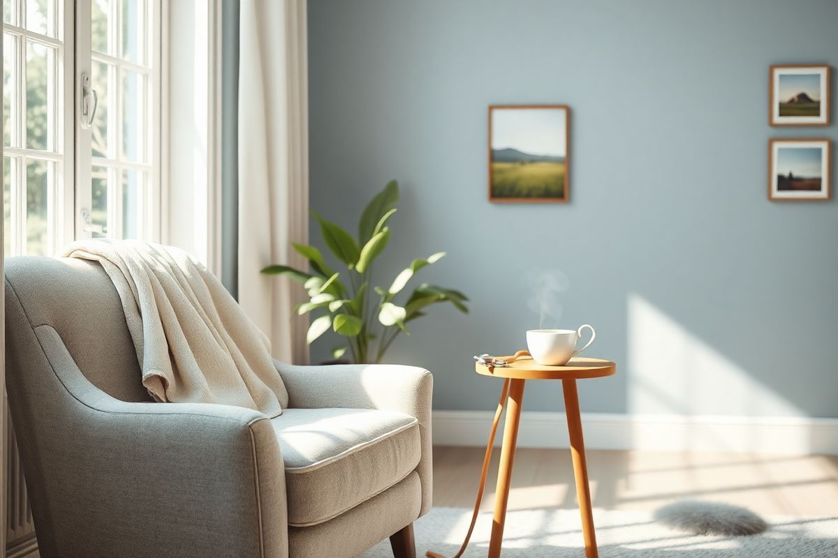 A photorealistic image depicts a serene and calming scene of a cozy living room that subtly conveys the theme of heart health. In the foreground, a plush armchair is upholstered in soft, light gray fabric, adorned with a delicate, pastel-colored throw blanket draped over one arm. Next to the chair, a small wooden side table holds a steaming cup of herbal tea and a stethoscope, symbolizing the connection between comfort and health.   In the background, a large window allows soft, natural light to flood the room, illuminating a lush, green indoor plant that thrives in the corner, representing vitality and life. The walls are painted in soothing shades of blue and white, creating an inviting atmosphere. A subtle arrangement of framed nature photographs hangs on the walls, showcasing tranquil landscapes that evoke feelings of peace.   The overall composition is warm and inviting, designed to evoke a sense of safety and well-being, reflecting the importance of heart health and self-care. The soft textures and gentle colors create a harmonious space that encourages relaxation and contemplation, making it a perfect visual companion to the discussion of cardiac health.