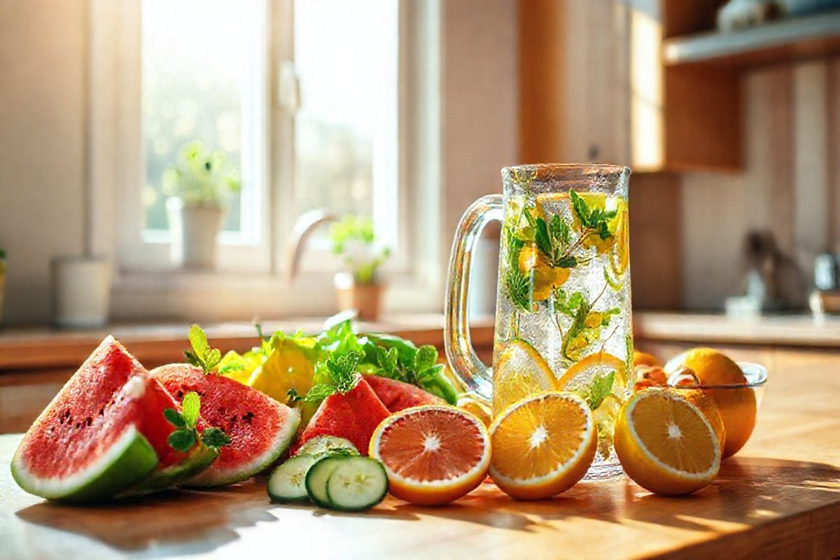 A photorealistic decorative image features a tranquil kitchen scene bathed in warm, natural light streaming through a large window. The countertop is adorned with a vibrant assortment of fresh fruits and vegetables, including slices of juicy watermelon, crisp cucumbers, and bright oranges, each glistening with moisture. Beside them, a clear glass pitcher filled with refreshing water is infused with sprigs of mint and lemon slices, showcasing hydration in an appealing way. In the background, a small bowl holds a collection of colorful herbal teas, emphasizing the theme of wellness and hydration. The kitchen’s wooden surfaces and soft pastel colors create a calming atmosphere, inviting the viewer to embrace healthy living. A small potted plant sits on the windowsill, adding a touch of greenery, while sunlight casts gentle shadows, enhancing the overall warmth and inviting ambiance of the space. This image captures the essence of maintaining hydration and healthy eating, resonating with the importance of fluid intake and well-being for individuals managing their health.