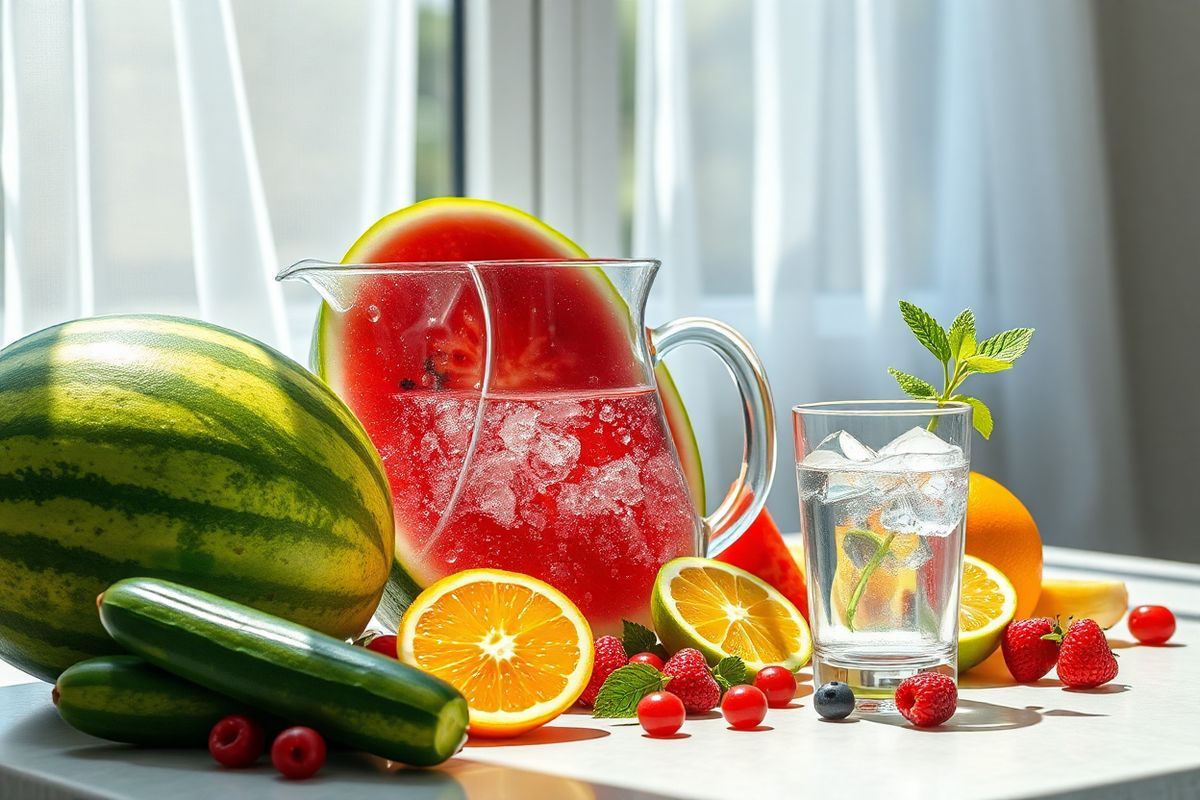 A photorealistic image of a serene kitchen countertop bathed in natural light, showcasing a variety of fresh fruits and vegetables that emphasize hydration. The scene includes a large, ripe watermelon, sliced open to reveal its juicy red flesh, surrounded by vibrant green cucumbers, bright orange slices, and succulent berries. A clear glass pitcher filled with sparkling water sits at the center, with condensation glistening on its surface, suggesting freshness. Nearby, a stylish glass filled with ice water and a sprig of mint adds to the refreshing atmosphere. The background features a window with sheer white curtains gently billowing in the breeze, allowing sunlight to filter through and illuminate the colorful produce. The overall composition conveys a sense of health, vitality, and the importance of hydration, inviting the viewer to appreciate the beauty and benefits of consuming hydrating foods. The harmonious arrangement of colors and textures creates an inviting and tranquil ambiance, perfect for promoting mindful eating and the significance of staying well-hydrated.