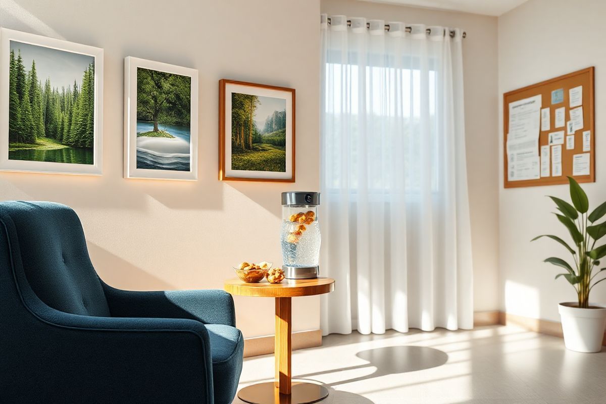 A photorealistic image captures a serene and inviting doctor’s office waiting area, designed to evoke feelings of calm and reassurance. The room features soft, neutral-toned walls adorned with framed nature photographs, showcasing lush green forests and tranquil waters, symbolizing health and tranquility. In the foreground, a plush, dark blue armchair sits next to a small wooden table, which holds a sleek, modern water dispenser with clear, refreshing water and a few healthy snacks like nuts and fruit. Sunlight streams in through a large window draped with sheer white curtains, illuminating the space and creating a warm, welcoming atmosphere. On the opposite wall, a bulletin board displays health tips and wellness information, while a potted plant adds a touch of nature to the scene. The overall ambiance is one of comfort and care, inviting patients to relax as they await their consultation, reinforcing the importance of recognizing heart health and seeking timely medical intervention for conditions like arrhythmias.