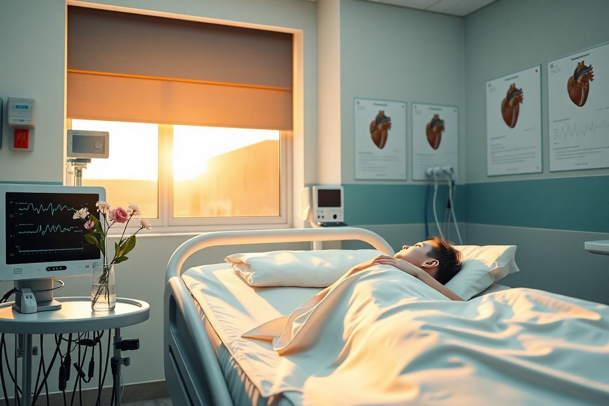 A photorealistic image capturing a serene, softly lit hospital room with a focus on a patient lying on a hospital bed, surrounded by advanced medical equipment. The heart monitor beside the bed displays a rhythmic heartbeat line, symbolizing the importance of heart health. In the background, a window reveals a gentle sunrise, casting a warm golden light that filters into the room, creating a hopeful atmosphere. Delicate flowers in a vase on the bedside table add a touch of warmth and care, representing support in a healing environment. The walls are painted in calming pastel colors, and medical charts depicting the heart’s anatomy and rhythm adorn the walls, subtly hinting at the complexities of arrhythmia. The scene conveys a sense of urgency and care, emphasizing the critical nature of heart health while also offering an impression of tranquility and hope for recovery.