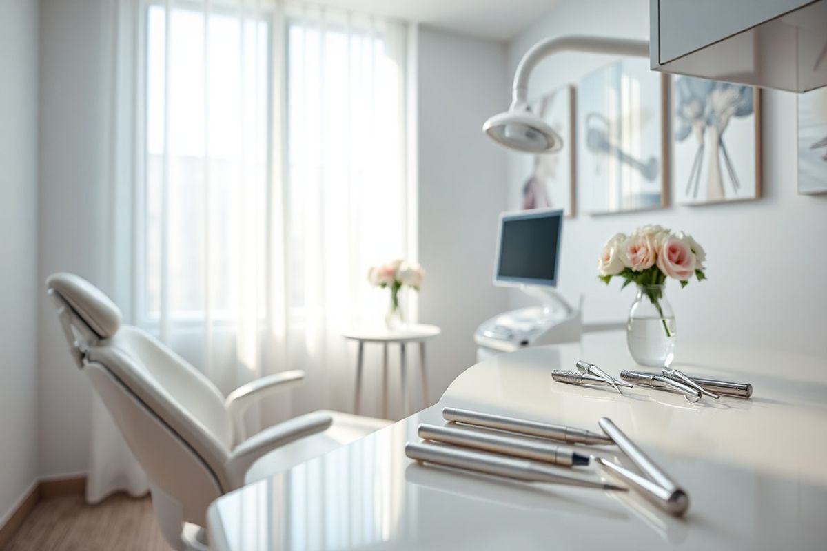 A close-up, photorealistic image of a serene dental clinic environment, featuring a well-lit treatment room. In the foreground, a plush dental chair is positioned beside a sleek, modern dental unit, showcasing the intricate tools used for dental procedures. The background displays soft, calming colors, such as pale blues and whites, with gentle natural light filtering through a large window adorned with translucent curtains. On a small table nearby, a vase holds fresh flowers, adding a touch of warmth and life to the space. The walls are decorated with soothing art, perhaps abstract pieces that evoke a sense of tranquility. There is a subtle reflection of the dental tools on a polished countertop, emphasizing cleanliness and professionalism. Overall, the image conveys a sense of comfort and reassurance, ideal for patients preparing for a dental procedure, aiming to alleviate any anxiety about their upcoming wisdom tooth extraction and subsequent recovery.