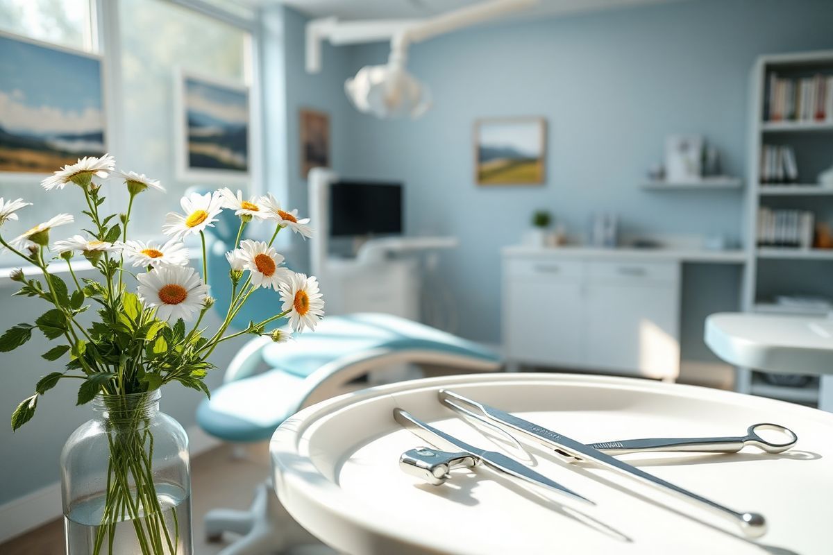 A serene dental clinic interior bathed in soft, natural light streaming through large windows. The scene features a comfortable dental chair in a calming shade of light blue, surrounded by modern dental equipment neatly arranged on a nearby counter. On the walls, subtle artwork depicting peaceful landscapes contributes to a soothing atmosphere. In the foreground, a close-up view showcases an open dental tray with gleaming surgical instruments, including forceps and a scalpel, reflecting the light. A small vase of fresh flowers—a mix of white daisies and green foliage—adds a touch of warmth and life to the sterile environment. The background shows a well-organized shelf with dental books and educational materials, emphasizing the clinic’s commitment to patient care and education. The overall ambiance conveys professionalism, tranquility, and the importance of a successful wisdom tooth extraction experience.