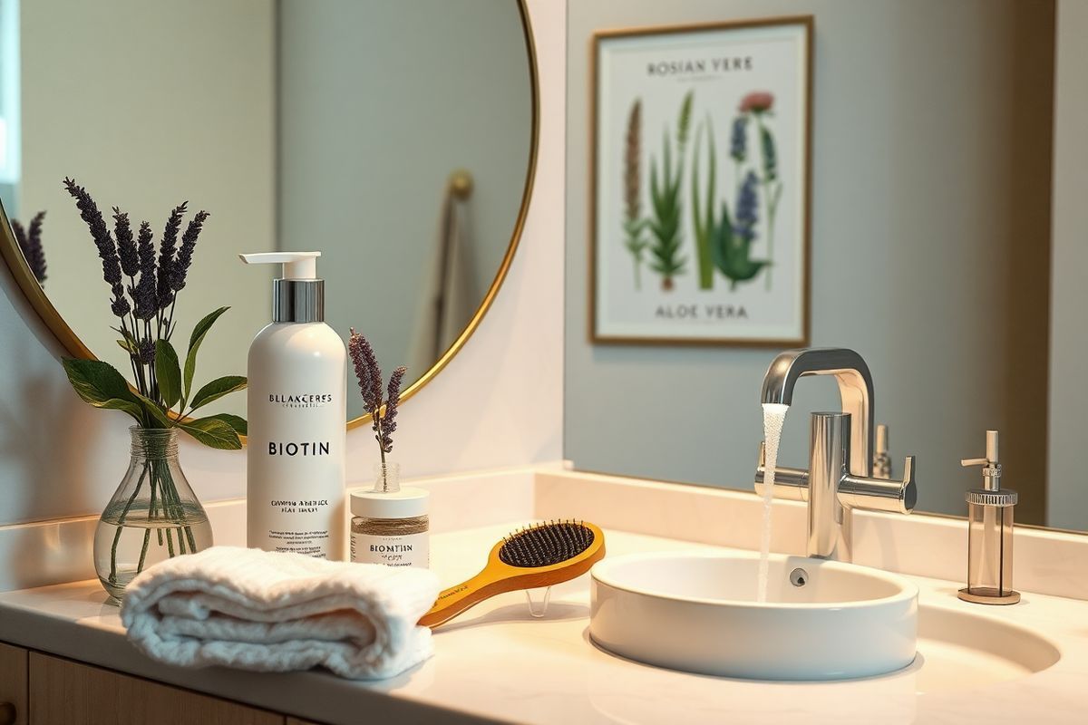 A photorealistic image depicts a serene, softly lit bathroom setting featuring a stylishly arranged vanity. The countertop is adorned with an elegant assortment of hair care products, including a sleek bottle of biotin shampoo, a small jar of nourishing hair mask, and a delicate vase filled with fresh lavender. In the background, a large, round mirror reflects the warm glow of soft, ambient lighting. On the wall, a tasteful botanical print showcases various plants known for promoting hair health, such as rosemary and aloe vera. A plush, white towel is neatly folded beside a wooden brush, while a gentle stream of water flows from a modern faucet into a small basin. The atmosphere conveys a sense of tranquility and self-care, inviting viewers to consider the importance of nurturing both mental health and physical well-being. The overall composition harmonizes elements of beauty and wellness, perfectly encapsulating the theme of managing hair loss while on antidepressants.