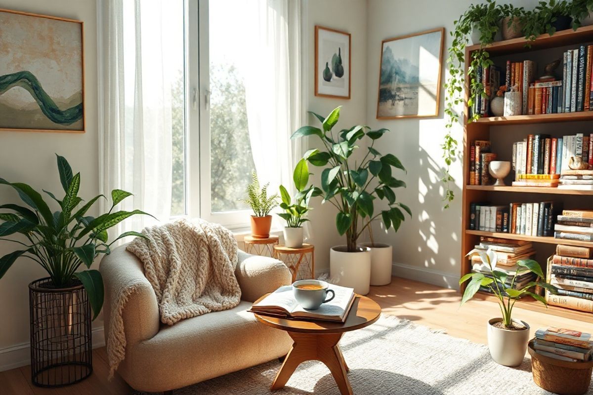 A serene and inviting scene unfolds in a softly lit room, where a cozy reading nook is adorned with lush greenery. A plush armchair, draped with a light, knitted blanket, faces a large window, allowing natural light to filter through sheer curtains. On the side table, a steaming cup of herbal tea sits beside an open journal, its pages filled with handwritten notes. The walls are painted in calming pastel shades, adorned with abstract art that evokes a sense of tranquility. Potted plants, including a vibrant fern and a peace lily, thrive in the corners, bringing a touch of nature indoors. The floor is covered with a soft, textured rug that adds warmth to the space. Sunlight casts gentle shadows, highlighting the peaceful ambiance. A bookshelf in the background is filled with a variety of books, some stacked horizontally, inviting exploration and reflection. This photorealistic image captures a moment of calm and introspection, perfectly complementing the themes of mental health and self-care associated with antidepressant use.