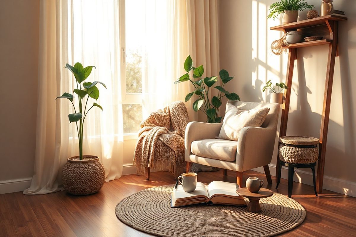 A serene and inviting scene unfolds in a softly lit room, where a cozy corner is adorned with plush cushions and a woven throw blanket draped over a vintage armchair. The chair faces a large window, allowing warm, golden sunlight to filter through sheer, flowing curtains, casting gentle shadows on the hardwood floor. Lush green plants, including a thriving monstera and a delicate peace lily, are strategically placed on a rustic wooden shelf, bringing a touch of nature indoors. A round, textured rug in warm earth tones anchors the space, inviting one to sit and unwind. On a small side table, a steaming cup of herbal tea rests beside an open journal and a fountain pen, symbolizing self-reflection and mindfulness. The overall atmosphere exudes tranquility and comfort, with soft pastel colors and natural materials harmonizing to create a nurturing environment that promotes self-compassion and positive body image. This idyllic setting encourages relaxation and introspection, making it an ideal visual representation of the journey toward fostering a healthy relationship with one’s body.