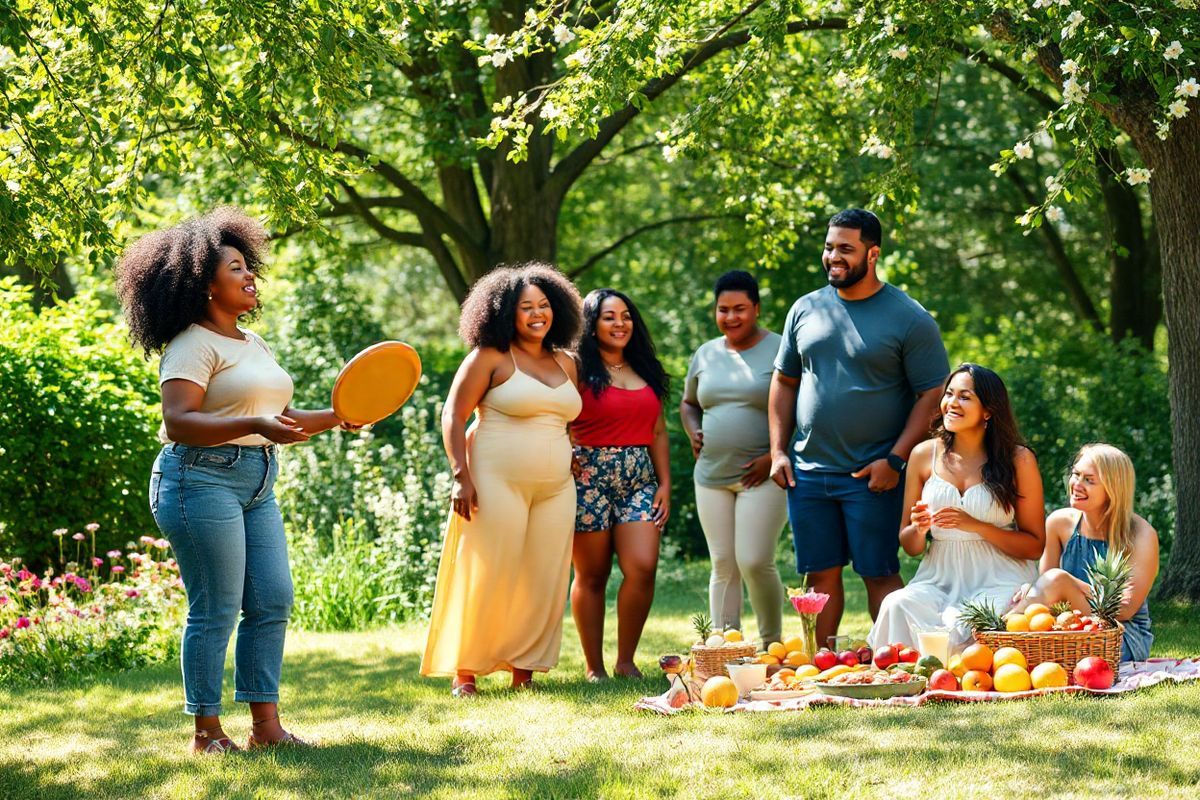 A serene and inviting scene captures a diverse group of individuals engaged in a joyful outdoor gathering, set against a backdrop of lush greenery and blooming flowers. The sunlight filters through the leaves, casting soft, dappled shadows on the ground. Each person, representing various body types, ethnicities, and ages, exhibits genuine smiles and laughter, embodying a sense of acceptance and positivity toward their unique appearances. In the foreground, a woman with curly hair is seen playfully tossing a frisbee, while a man with a strong build leans against a tree, watching with a warm smile. Nearby, a group of friends of different shapes and sizes share a picnic, surrounded by vibrant fruits and healthy snacks, symbolizing nourishment and enjoyment rather than restriction. The overall atmosphere radiates warmth, connection, and body positivity, emphasizing the importance of community and self-acceptance. The image conveys an uplifting message of embracing one’s body while celebrating diversity, making it a perfect visual complement to discussions about body image and mental well-being.