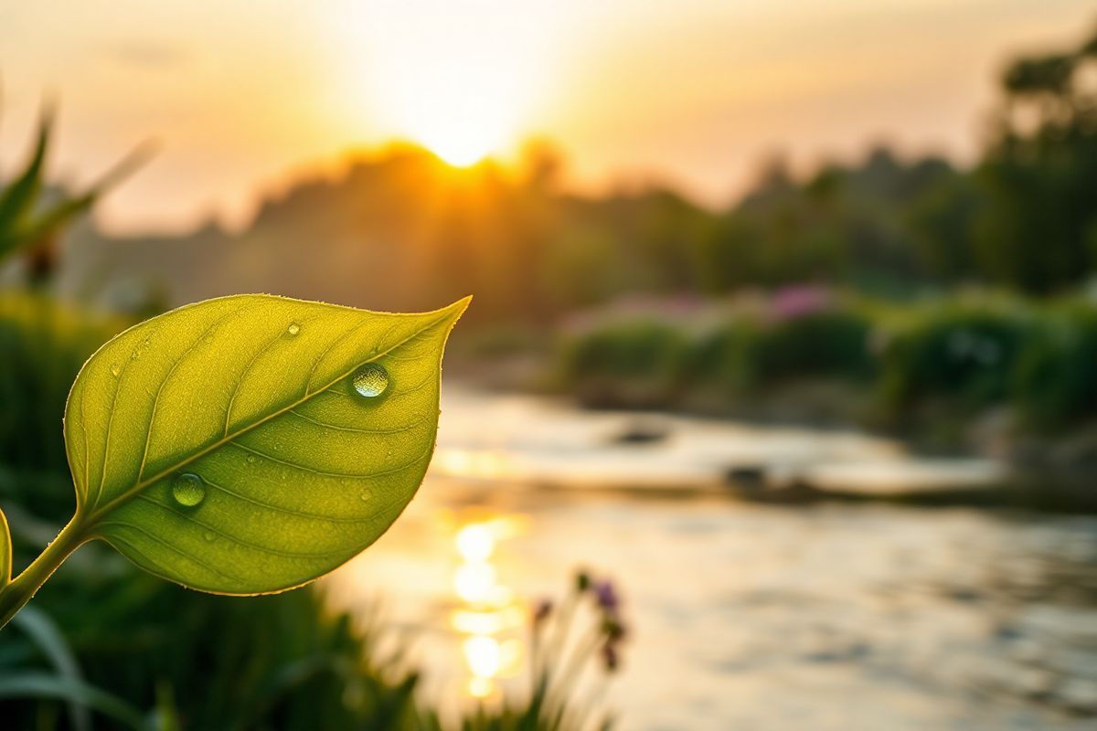 A photorealistic decorative image captures a serene and tranquil setting that symbolizes the journey of overcoming smoking and its effects on health. The foreground features a close-up of a delicate, vibrant green leaf, glistening with morning dew, representing renewal and fresh beginnings. In the background, a soft-focus silhouette of a peaceful landscape unfolds, showcasing a gently flowing river bordered by lush trees and blooming wildflowers, embodying a sense of calm and healing. The sky is painted with warm hues of a sunrise, casting a golden light that illuminates the scene, signifying hope and the promise of a new day. Subtle details, such as a soft breeze causing the leaves to sway gently and the reflection of the sun dancing on the water’s surface, enhance the feeling of tranquility. This image invites viewers to envision a healthier lifestyle and the possibility of recovery from the effects of smoking, resonating with the themes of rejuvenation and well-being found in the accompanying text about tinnitus and smoking cessation.