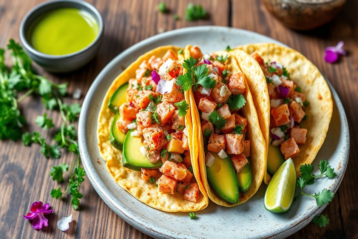 A beautifully arranged plate of avocado tacos sits at the center of the image, showcasing the vibrant colors and textures of the ingredients. The corn tortillas are slightly warmed, their edges curling invitingly. Each taco is generously filled with a luscious layer of creamy, ripe avocado slices, glistening with a hint of lime juice. On top of the avocado, a flavorful salmon salad is artfully piled, boasting flecks of bright red salmon intermingled with fresh diced onions, chopped cilantro, and a sprinkle of chili powder. Around the tacos, colorful garnishes like microgreens and edible flowers add a touch of elegance and freshness. The background features a rustic wooden table, enhancing the organic feel of the dish. Soft, natural light filters in, casting gentle shadows and highlighting the vibrant colors of the ingredients, while a small bowl of zesty lime vinaigrette and a couple of lime wedges sit nearby, inviting the viewer to indulge. The overall composition is inviting and mouthwatering, evoking a sense of culinary artistry and the joy of savoring a delicious, healthful meal.