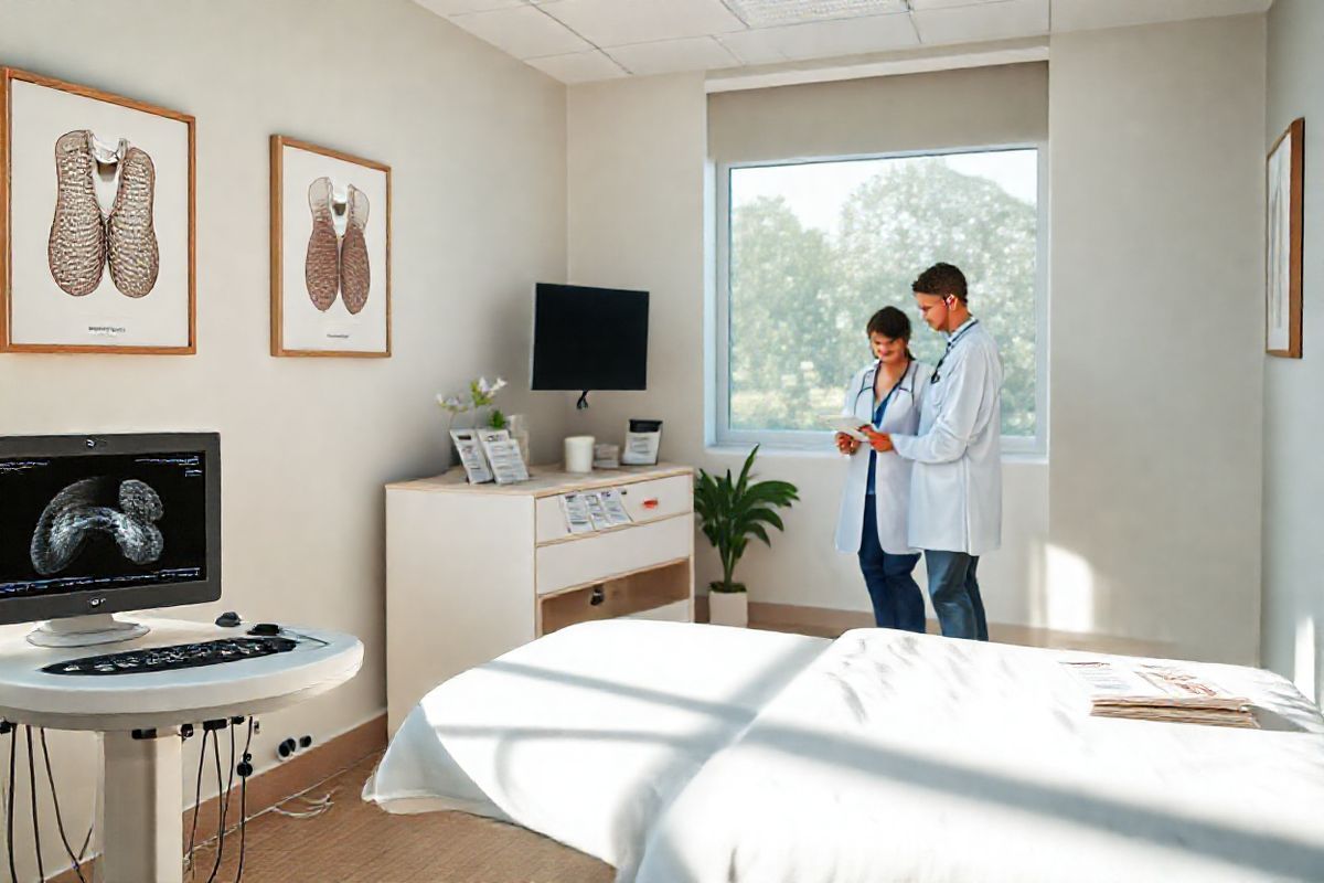 A photorealistic image depicting a serene and inviting healthcare setting focused on thyroid cancer awareness. The scene features a well-lit, modern examination room with soft, neutral colors. In the foreground, a high-resolution ultrasound machine is positioned next to a comfortable examination table, draped in clean white linens. On a nearby countertop, a collection of thyroid-related educational pamphlets is neatly arranged, emphasizing the importance of patient awareness. The walls are adorned with framed anatomical illustrations of the thyroid gland, showcasing its structure and function. A potted plant adds a touch of greenery, enhancing the room’s calming atmosphere. Natural light streams through a large window, illuminating the space and creating a sense of hope and healing. In the background, a healthcare professional is seen gently discussing information with a patient, embodying compassion and support. This image captures the essence of medical professionalism while highlighting the significance of early detection and treatment in differentiated thyroid cancer.