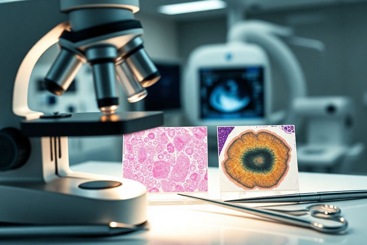 A photorealistic decorative image features an elegantly arranged display of thyroid cancer-related histological slides under a bright microscope. The slides showcase distinct cellular structures, with one prominently displaying the characteristic papillae of papillary thyroid carcinoma (PTC) in soft pastel shades of pink and purple, while another slide reveals the encapsulated tumor of follicular thyroid carcinoma (FTC) with rich hues of green and gold. Surrounding the microscope, there are surgical instruments such as scalpels and forceps, gleaming under the soft lighting, symbolizing the critical role of surgical intervention in treatment. In the background, a blurred image of a modern medical facility can be seen, with a focus on advanced imaging equipment like an ultrasound machine, representing the diagnostic techniques used in identifying these cancers. The overall composition is harmonious, with a balance between clinical precision and artistic elegance, conveying a sense of hope and advancement in the fight against differentiated thyroid cancer. The color palette is soothing yet vibrant, enhancing the educational aspect while inspiring confidence in medical progress.