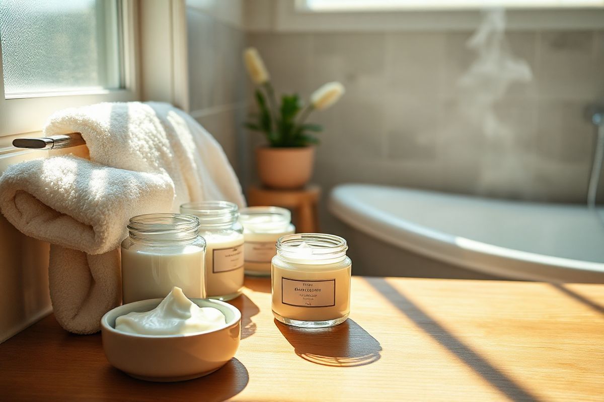 A cozy, sunlit bathroom scene showcasing a wooden countertop adorned with various skin care products. In the foreground, a small, round dish of Crisco sits next to elegant glass jars filled with rich, creamy moisturizers and soothing ointments. The soft light filters through a frosted window, casting gentle shadows and highlighting the textures of the products. A luxurious, fluffy white towel is draped over a nearby towel rack, while a small plant in a ceramic pot adds a touch of greenery. In the background, a softly lit bathtub with a hint of steam rising creates a serene atmosphere, inviting relaxation and self-care. The overall ambiance conveys a sense of tranquility and wellness, emphasizing the importance of nurturing one’s skin in a calming environment.