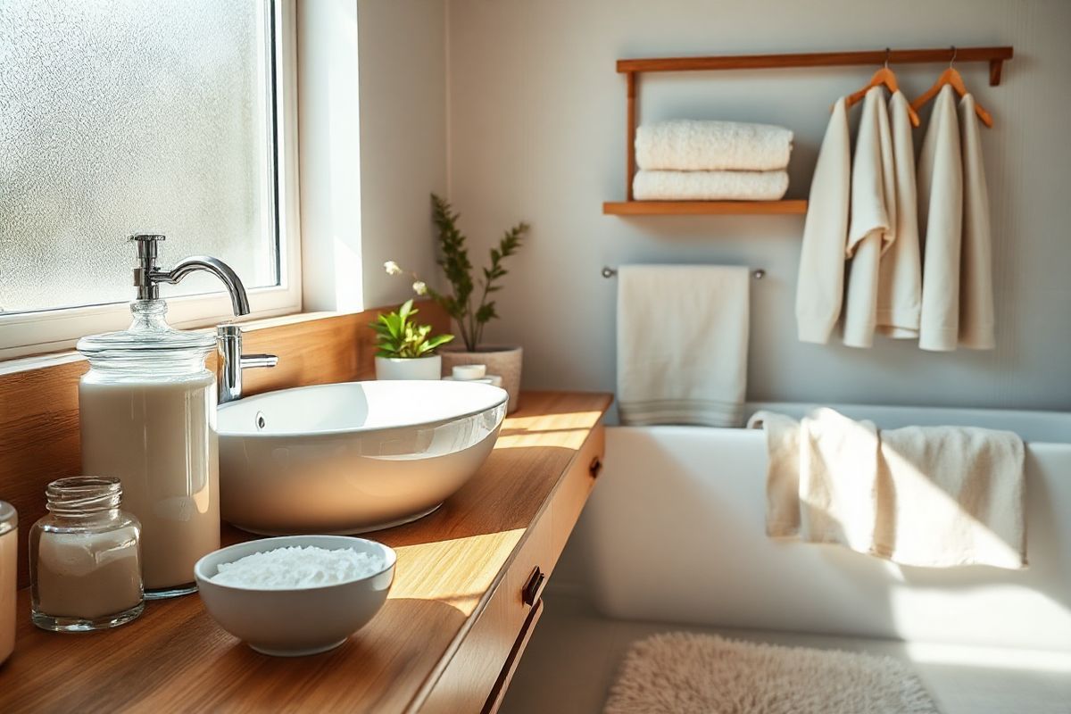 A serene bathroom setting bathed in soft, natural light filtering through a frosted window. The scene features a wooden countertop adorned with elegant glass jars filled with thick, creamy moisturizers and gentle, fragrance-free cleansers. A white porcelain basin reflects the warm tones of the wooden decor. Nearby, a small bowl of colloidal oatmeal sits ready for use, evoking a sense of calm and care. On the wall, a neatly hung shelf displays soft, breathable cotton garments in pastel colors, emphasizing comfort and minimal irritation. A plush bath mat in muted hues lies on the floor, inviting relaxation. A subtle hint of greenery is introduced with a potted plant on the countertop, symbolizing health and vitality. The overall ambiance conveys tranquility and the importance of a nurturing skincare routine, ideal for managing eczema, while showcasing an organized and inviting space dedicated to self-care.