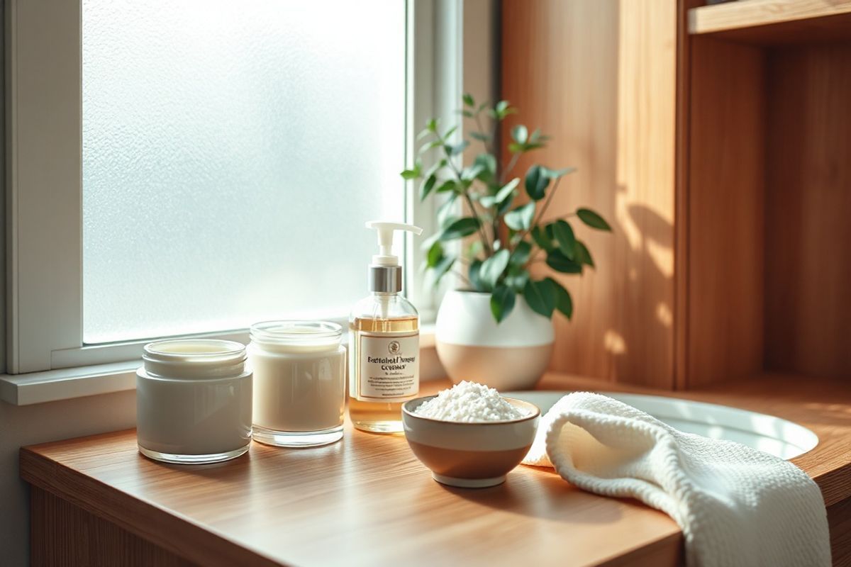 A serene and inviting bathroom scene, showcasing a wooden vanity adorned with various skincare products specifically designed for eczema relief. The countertop is neatly arranged with a thick, creamy moisturizer in a stylish jar, a bottle of gentle, fragrance-free cleanser, and a small dish containing soothing colloidal oatmeal. Soft, natural light filters through a frosted window, illuminating the warm tones of the wooden cabinetry and the delicate textures of a plush white towel draped over the sink. In the background, a calming potted plant adds a touch of greenery, symbolizing a connection to nature and natural healing. The atmosphere is tranquil, evoking a sense of comfort and self-care, ideal for someone seeking relief from eczema symptoms. The overall composition feels harmonious and inviting, encouraging viewers to envision a soothing skincare routine that promotes relaxation and healing.