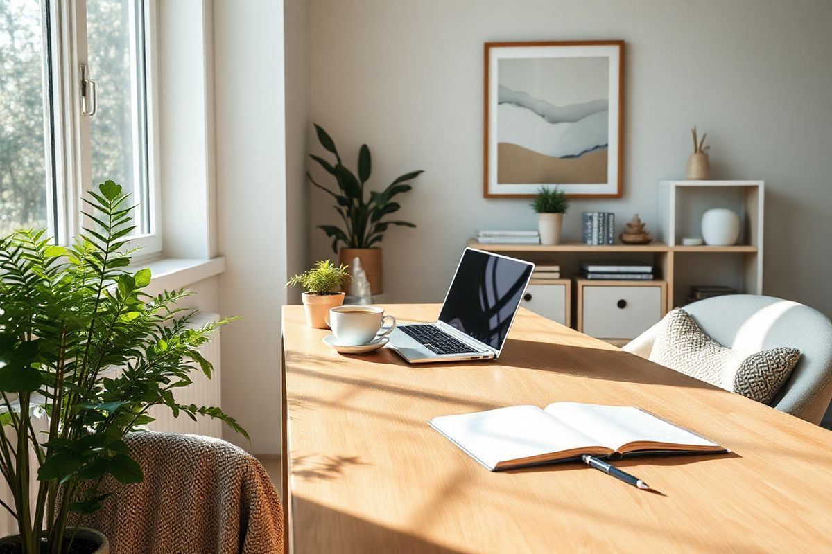 A serene home office environment bathed in soft, natural light streaming through a large window. The focal point is a stylish wooden desk adorned with a sleek laptop and a steaming cup of herbal tea, inviting a sense of calm and focus. Surrounding the desk are potted plants, including a lush fern and a small succulent, adding a touch of greenery and life to the space. A cozy armchair with a textured throw blanket sits adjacent to the desk, providing a comfortable nook for reading or reflection. The walls are painted in soothing pastel tones, complemented by framed abstract art that evokes tranquility. On the desk, a notepad with an open journal and a pen suggests an active engagement in the therapeutic process. A small bookshelf in the background is filled with mental health resources, self-help books, and decorative items, enhancing the inviting atmosphere. The overall composition conveys a harmonious balance of productivity and relaxation, creating an ideal setting for online therapy sessions and personal growth.