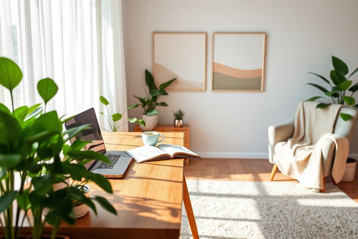 A serene home office setting bathed in soft, natural light filters through large windows adorned with sheer white curtains. In the foreground, a stylish wooden desk is neatly organized with a laptop, a steaming cup of herbal tea, and an open notebook filled with handwritten notes. Surrounding the desk are lush potted plants, adding a touch of greenery and tranquility to the space. On the wall behind the desk, there are framed abstract art pieces in soothing pastel colors, creating an inviting and calming atmosphere. A cozy armchair in the corner, draped with a soft throw blanket, invites relaxation. The floor is covered with a plush area rug that complements the warm wooden tones of the furniture, enhancing the overall comfort of the room. The scene evokes a sense of peace, productivity, and mental wellness, making it an ideal visual representation of the benefits of online therapy, emphasizing comfort, accessibility, and a conducive environment for self-reflection and healing.