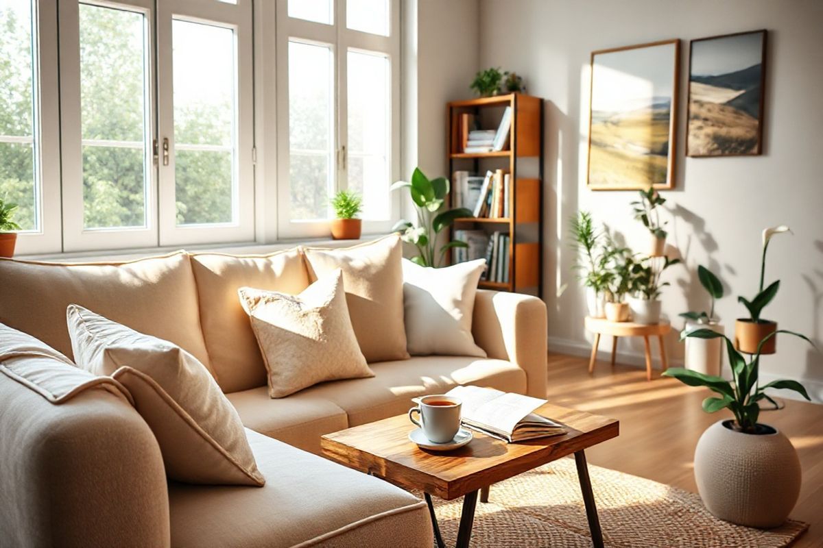 A serene and inviting living room setting that embodies comfort and support for individuals managing chronic conditions. The room features a plush, soft beige sofa adorned with cozy throw pillows in calming pastel colors. A warm, ambient light filters through large windows, illuminating the space and casting gentle shadows. Nearby, a wooden coffee table holds a steaming cup of herbal tea and an open journal, suggesting a moment of reflection and self-care. A small bookshelf in the background is filled with various health-related books and inspiring literature. Potted plants, such as a lush fern and a flowering peace lily, add a touch of nature and tranquility, symbolizing growth and healing. On one wall, an art piece depicting a peaceful landscape invites contemplation, while a woven rug underfoot provides warmth and comfort. The overall atmosphere is one of calmness, support, and encouragement, creating a safe haven for individuals dealing with the emotional and physical challenges of chronic illness. This image captures the essence of a supportive environment where individuals can seek solace, connect with their thoughts, and foster a sense of community and well-being.