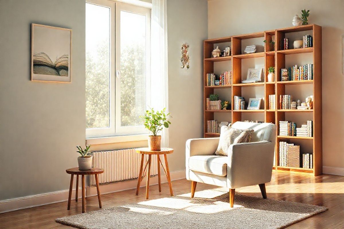 A serene scene unfolds in a cozy, sunlit living room, where a comfortable armchair is positioned beside a large window, allowing warm sunlight to pour in. The walls are painted in soft, calming hues of light blue and cream, adorned with soothing nature-themed artwork. A small potted plant sits on a wooden side table, its vibrant green leaves adding a touch of life to the space. On the floor, a plush area rug in neutral tones invites relaxation. In the background, a bookshelf filled with health and wellness books and decorative items emphasizes a commitment to self-care. A steaming cup of herbal tea rests on the armchair’s side, symbolizing comfort and healing. The gentle play of light and shadow creates a peaceful atmosphere, encouraging mindfulness and reflection. This inviting ambiance represents the importance of managing chronic conditions while fostering emotional well-being and a supportive environment. The overall composition exudes tranquility, making it a perfect visual representation of the journey toward health and wellness.