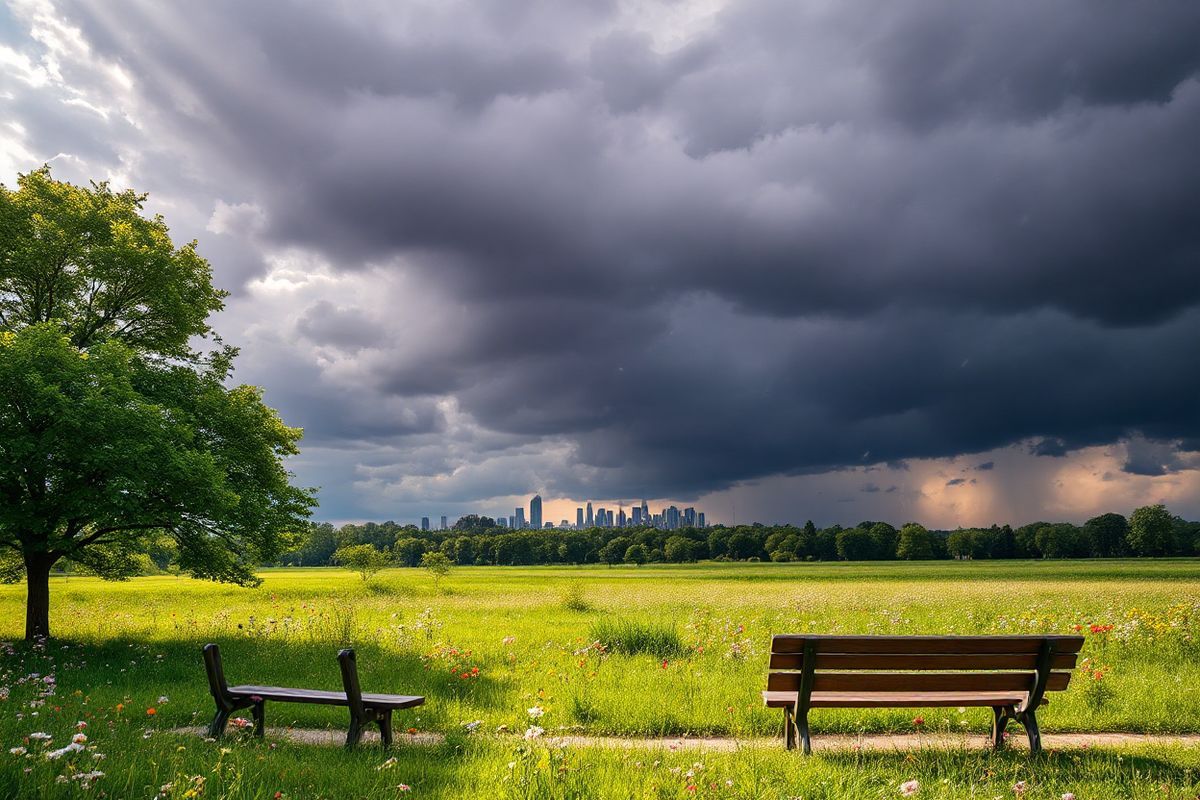 A serene outdoor scene capturing the calm before a thunderstorm rolls in, showcasing a lush green park filled with blooming wildflowers, swaying gently in the breeze. The sky above is a dramatic blend of deep gray clouds, tinged with hints of purple, as sunlight breaks through in scattered beams, illuminating the vibrant colors of the flowers below. In the foreground, a wooden bench sits empty under a large, leafy tree, providing a perfect vantage point for those seeking refuge from the impending storm. A distant silhouette of a city skyline can be seen on the horizon, partially obscured by the gathering clouds. Pollen grains, hinted at by soft golden particles in the air, suggest the presence of allergens, while a gentle gust of wind stirs the branches, creating a sense of movement and anticipation. The overall atmosphere conveys a mix of tranquility and tension, effectively illustrating the dual nature of beauty and potential danger associated with thunderstorms, making it a fitting visual representation of the themes discussed in the text about thunderstorm asthma and the role of antihistamines.