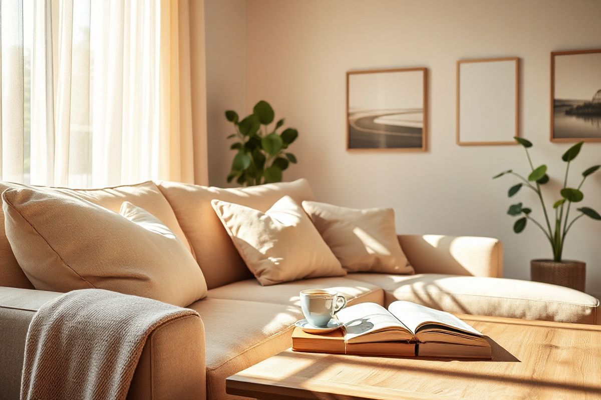 A serene and inviting indoor setting, featuring a cozy living room bathed in warm, natural light filtering through sheer curtains. The focal point is a plush, beige sofa adorned with soft, pastel-colored pillows, inviting relaxation. Nearby, a wooden coffee table holds a steaming cup of herbal tea and an open book, suggesting a comfortable afternoon. In the background, a tall indoor plant, such as a fiddle leaf fig, adds a touch of greenery, symbolizing freshness and vitality. On the walls, subtle artwork depicting tranquil nature scenes enhances the calming atmosphere. A cozy throw blanket is draped over the arm of the sofa, inviting one to snuggle in. The space is accentuated by soft textures and warm colors, creating an atmosphere of comfort and well-being—perfect for unwinding and managing allergy symptoms in a peaceful environment.