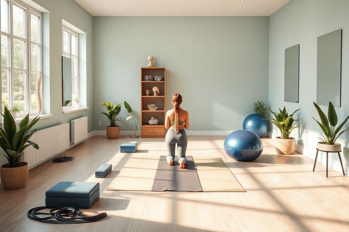 A serene and inviting therapy room designed for scoliosis treatment is depicted in this photorealistic image. The room features large windows that allow natural light to flood in, illuminating the space with a warm glow. In the center, a comfortable exercise mat is laid out, surrounded by various props like resistance bands, yoga blocks, and a stability ball, showcasing the personalized approach of the Schroth Method. On one wall, mirrors reflect the setup, emphasizing the importance of postural awareness.   Soft, calming colors adorn the walls—gentle blues and greens that promote relaxation and focus. A few anatomical models of the human spine are displayed on a shelf, highlighting the method’s emphasis on understanding spinal curvature. Potted plants add a touch of nature, creating a soothing atmosphere conducive to healing.   A Schroth-trained therapist can be seen engaging with a patient, guiding them through a tailored exercise routine, embodying the method’s individualized approach. The overall ambiance exudes tranquility and encouragement, capturing the essence of a supportive environment dedicated to improving spinal health.