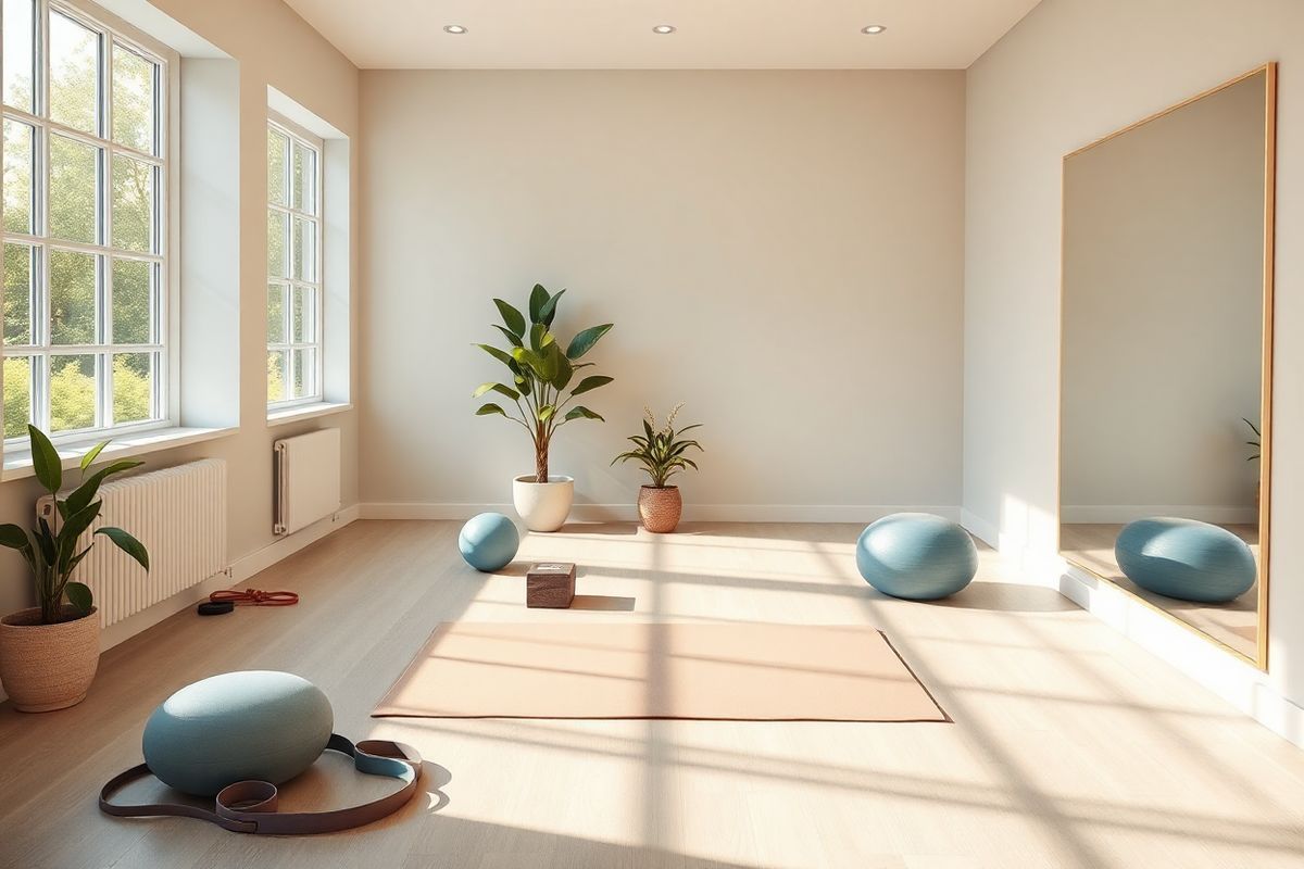 A serene, photorealistic image depicting a tranquil therapy room designed for scoliosis treatment using the Schroth Method. The room features large windows allowing soft, natural light to flood in, illuminating the space with a warm glow. In the center, a comfortable exercise mat is laid out, surrounded by various therapy tools such as resistance bands, balls, and mirrors that reflect the room’s calming ambiance. On one wall, a large mirror reflects a peaceful view of a lush garden outside, symbolizing growth and healing. The walls are painted in soothing pastel colors, enhancing the sense of tranquility. A potted plant sits in the corner, adding a touch of nature to the environment. The overall atmosphere conveys a sense of hope and empowerment, inviting patients to engage in their therapy journey while promoting postural awareness and physical well-being. The image captures the essence of individualized care, combining elements of physical therapy, relaxation, and personal growth in a beautifully arranged space.