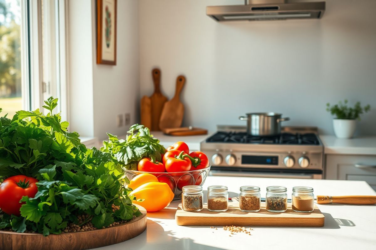 A photorealistic image featuring a serene and inviting kitchen scene, bathed in warm natural light streaming through a large window. The countertop is adorned with fresh, vibrant vegetables such as leafy greens, bright red tomatoes, and colorful bell peppers, arranged artfully alongside a bowl of whole grains like quinoa and brown rice. A cutting board displays an array of spices in small glass jars, emphasizing a heart-healthy cooking environment. In the background, a sleek stovetop with a pot simmering on low heat hints at a meal in preparation. The walls are decorated with simple, calming artwork that reflects a healthy lifestyle, and a small potted herb garden sits on the windowsill, adding a touch of greenery. The overall atmosphere conveys a sense of tranquility and wellness, ideal for promoting heart-healthy living and lifestyle modifications in the management of heart failure.