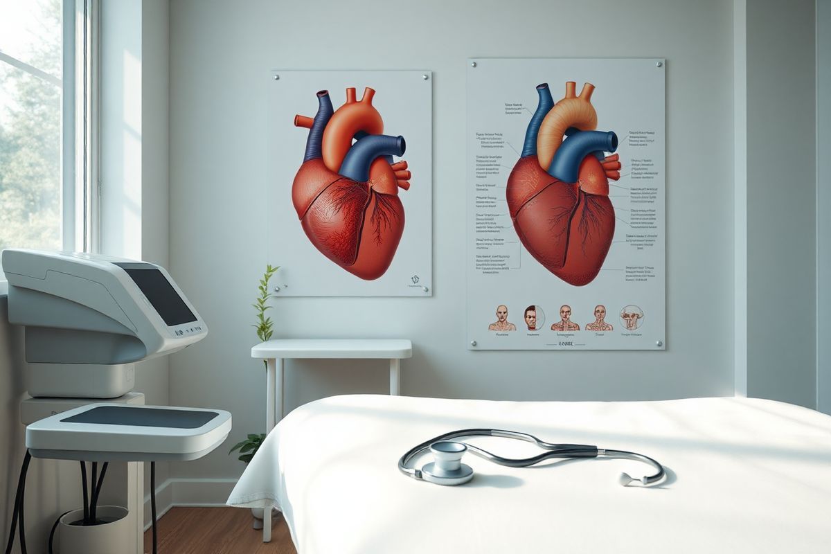 A photorealistic image depicting a serene medical setting, emphasizing the theme of heart health. In the foreground, a well-lit examination room features a sleek, modern echocardiogram machine with a gel-covered transducer resting beside it. On the wall, a large anatomical poster of the human heart displays detailed labels and colorful illustrations, showcasing the heart’s structure and function. A comfortable examination table is draped with a fresh white sheet, and a stethoscope lies casually on the table, symbolizing patient care. Soft natural light streams through a window, illuminating a potted plant in the corner, adding a touch of warmth and life to the scene. The overall ambiance is calm and inviting, reflecting a space where patients feel supported and cared for as they navigate their heart health journey. The image captures an essence of hope and healing, underscoring the importance of diagnosis and treatment in managing heart failure.