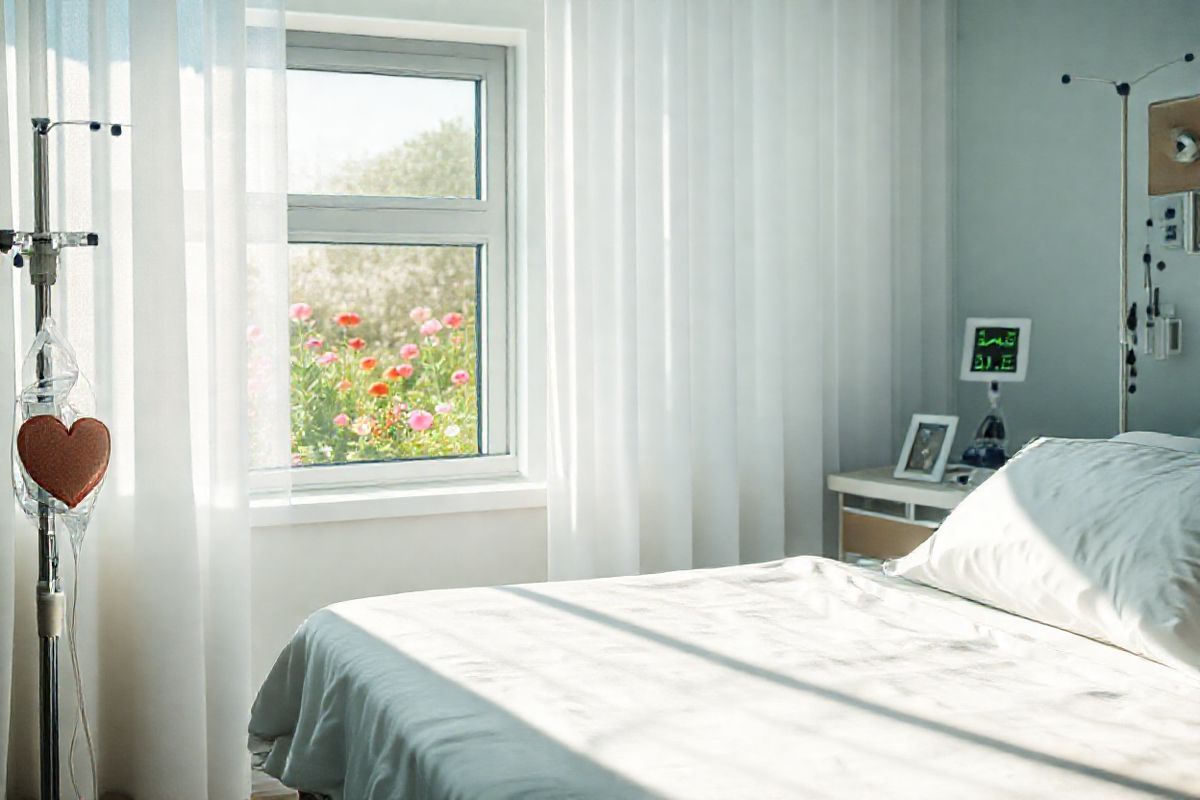 A serene hospital room bathed in soft, natural light filtering through sheer curtains. In the foreground, a neatly made hospital bed is adorned with crisp white linens and a plush pillow, symbolizing comfort and care. To the side, an IV stand discreetly holds a clear bag, hinting at the supportive medical care the patient is receiving. A small window reveals a picturesque view of a blooming garden outside, with vibrant flowers and greenery, representing hope and healing. On the bedside table, a heart-shaped decorative item and a small framed photograph of a family evoke warmth and emotional connection. Subtle medical equipment, such as a heart monitor with gentle green beeping lines, is visible in the background, emphasizing the advanced technology aiding in recovery. The overall ambiance is calm and inviting, conveying a sense of safety and optimism for healing after the CABG procedure. The color palette is soft and soothing, featuring pastel blues and greens, which enhance the feeling of tranquility and reassurance in this post-surgery environment.