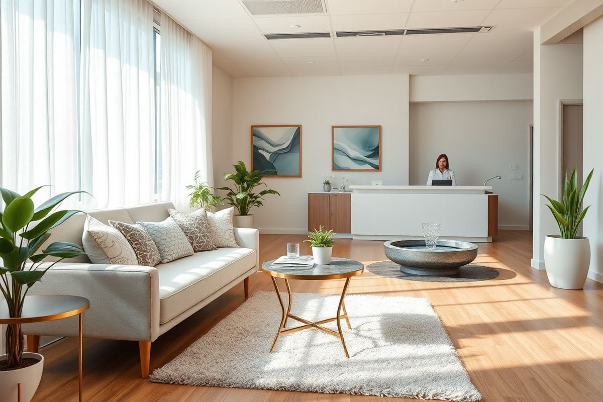 A photorealistic image depicts a serene and inviting medical office waiting area, designed to create a sense of calm and comfort for patients facing health challenges. The room is filled with soft, natural light filtering through large windows adorned with sheer, white curtains. In the foreground, a plush, light-colored sofa with an array of decorative cushions invites relaxation. A small, elegant coffee table sits nearby, adorned with a few artfully arranged magazines and a small potted plant, adding a touch of greenery to the space.   On the walls are framed, abstract artworks in soothing colors, such as soft blues and greens, evoking tranquility. In one corner, a contemporary water feature gently cascades, creating a soothing sound that enhances the peaceful atmosphere. The flooring is a warm, light wood, complemented by a plush area rug that adds coziness. In the background, a reception desk with a friendly staff member is visible, creating a welcoming environment. The overall ambiance is one of hope and healing, perfectly aligned with the themes of care and support related to patients dealing with conditions like multiple myeloma and solitary plasmacytoma.