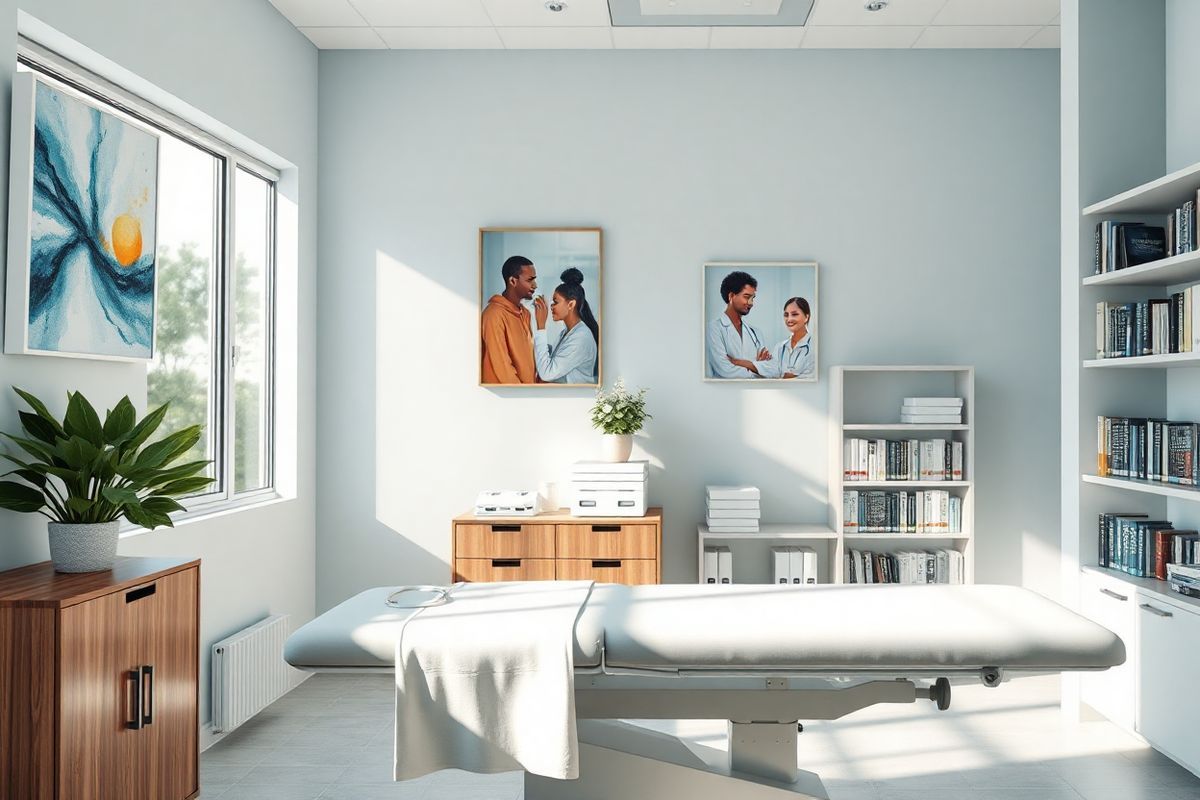 A photorealistic image depicting a serene and tranquil medical environment, featuring a softly lit examination room with a large window allowing natural light to flood in. The walls are painted in calming shades of light blue and white, adorned with abstract art that conveys a sense of hope and healing. In the foreground, a modern, comfortable examination table is draped with crisp, white linen. Nearby, a sleek wooden cabinet holds neatly organized medical supplies, and a potted plant adds a touch of greenery. On the walls, framed images of diverse healthcare professionals interacting compassionately with patients can be seen, emphasizing empathy and care. The background shows a well-stocked medical shelf filled with books on hematology and oncology, highlighting the importance of research and knowledge in treating conditions like multiple myeloma. The overall composition exudes a sense of calm and professionalism, inviting viewers to feel a sense of reassurance and hope as they contemplate the complexities of multiple myeloma and its management.