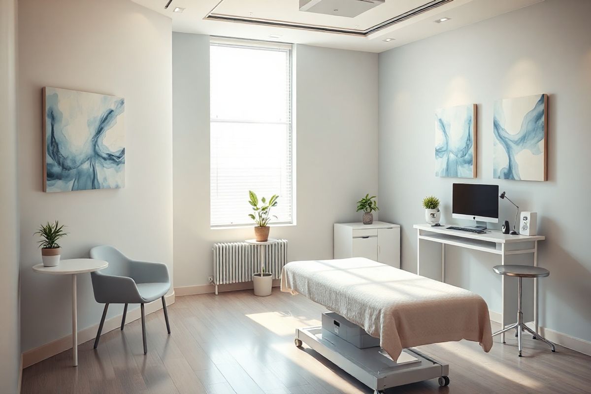 A serene and inviting medical consultation room, softly illuminated by warm, natural light filtering through a large window. The room features a clean, minimalist design with soothing colors, such as soft blues and whites. A comfortable examination table is positioned in the center, adorned with a plush, white cover. On the walls, there are abstract art pieces in calming shades that evoke tranquility, while a small potted plant adds a touch of greenery to the space. Nearby, a modern desk holds a computer and medical equipment, subtly hinting at advanced technology. In the corner, a cozy seating area with two chairs and a small round table invites patients to relax. The atmosphere is peaceful, promoting a sense of safety and comfort, ideal for those seeking relief from chronic pain.