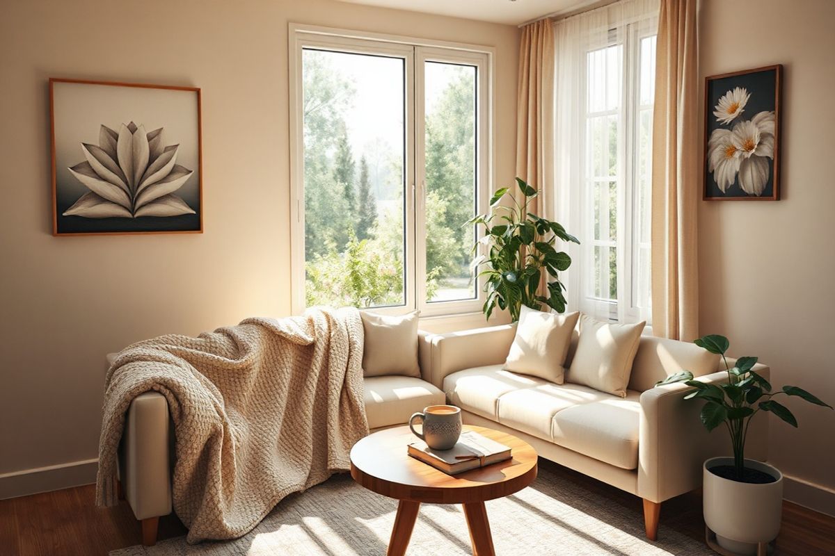 A serene and photorealistic scene depicting a cozy therapy room bathed in warm, natural light. The room features soft, neutral-colored walls adorned with calming artwork that reflects themes of healing and growth. In the center, a comfortable therapy couch, draped with a soft, textured throw blanket, invites a sense of safety and support. Nearby, a small wooden coffee table holds a steaming cup of herbal tea, a journal, and a pen, symbolizing personal reflection and emotional processing.   Large windows reveal a tranquil garden outside, with lush greenery and blooming flowers, suggesting renewal and hope. A potted plant sits in the corner, adding a touch of nature and vitality to the space. Delicate rays of sunlight filter through sheer curtains, casting gentle shadows and creating a peaceful atmosphere. The overall composition evokes feelings of warmth, comfort, and a safe space for introspection, perfectly complementing the themes of Cognitive Processing Therapy and emotional healing.