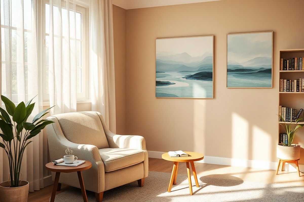 A serene and inviting therapy room designed for Cognitive Processing Therapy (CPT) is depicted in the image. Soft, natural light streams through large windows adorned with light, sheer curtains, illuminating the warm, earthy tones of the room. A comfortable, plush armchair is positioned centrally, inviting individuals to relax during their sessions. Beside the chair, a small wooden side table holds a few essential items: a journal, a pen, and a steaming cup of herbal tea, symbolizing self-reflection and comfort.   On the walls, calming artwork featuring abstract landscapes in soothing blues and greens promotes tranquility, while a small bookshelf filled with psychology books and self-help resources adds a touch of scholarly warmth. A potted plant in the corner brings a hint of nature indoors, enhancing the peaceful atmosphere.   The overall ambiance is one of safety and support, reflecting the empowering journey individuals embark on during therapy. The absence of clutter ensures a clear space for emotional processing, creating an environment conducive to healing and personal growth. This visual representation embodies the essence of Cognitive Processing Therapy, emphasizing emotional regulation and cognitive restructuring in a comforting setting.