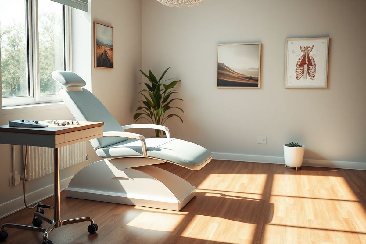 A serene and intimate scene captures a softly lit medical examination room, designed for vocal cord surgery. The focus is on a sleek, modern examination chair, upholstered in gentle hues of light blue and white, positioned under a large window that allows natural light to filter in. Sunlight casts soft shadows on the polished wooden floor, enhancing the calm atmosphere. On a nearby table, surgical instruments are neatly arranged, glimmering under the warm light, hinting at the precision and care involved in procedures like thyroplasty. The walls are adorned with soothing artwork of nature, perhaps a tranquil landscape or delicate flowers, contributing to a peaceful ambiance. In the background, a framed anatomical chart of the human larynx is subtly visible, providing a hint of educational context without being overwhelming. A potted plant sits in the corner, adding a touch of greenery and life to the space, while the overall color palette remains soft and inviting, evoking feelings of comfort and reassurance for patients preparing for surgery. The composition is balanced, creating a sense of safety and professionalism that reflects the importance of care in vocal cord rehabilitation.