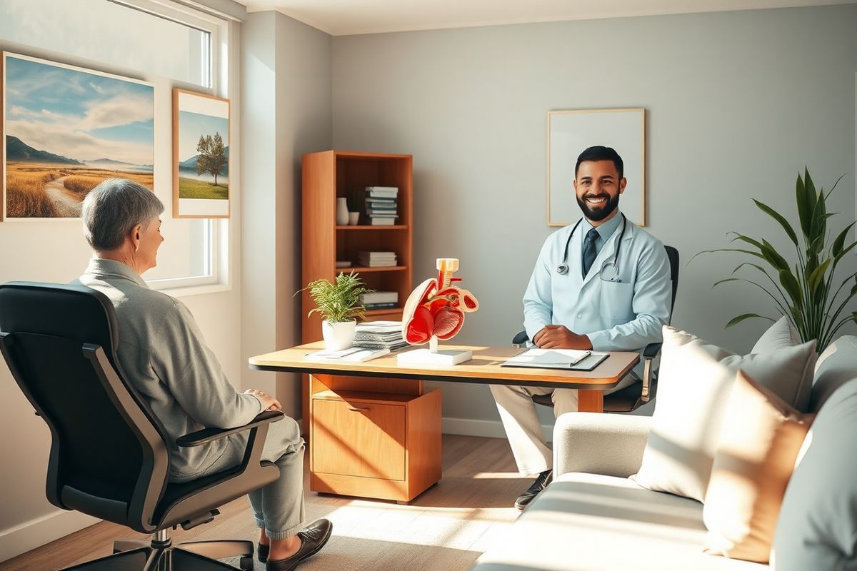 A serene and inviting scene unfolds in a softly lit medical consultation room, where a patient is seated comfortably in an ergonomic chair, surrounded by calming decor. The walls are adorned with nature-inspired art, showcasing tranquil landscapes and gentle colors that evoke a sense of peace. A large window allows natural light to filter in, casting warm beams across a sleek wooden desk, which is neatly arranged with medical charts and a small potted plant. On the desk, an anatomical model of the human larynx sits prominently, illustrating the complexity of vocal cord structures. In the background, a highly detailed and realistic portrait of a smiling otolaryngologist can be seen, conveying empathy and professionalism. The room’s ambiance is enhanced by soft, neutral tones in the furnishings, with plush cushions and a subtle, soothing color palette that harmonizes with the overall aesthetic. This photorealistic image encapsulates a sense of hope and healing, perfectly complementing the themes of thyroplasty and vocal cord rehabilitation outlined in the accompanying text.