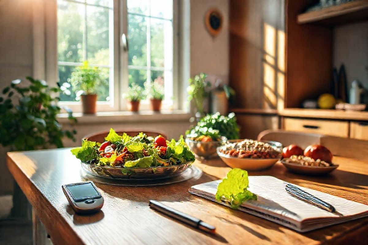 A photorealistic decorative image capturing a serene kitchen scene bathed in warm, natural light. The focal point is a beautifully arranged dining table featuring a colorful, healthy meal that includes vibrant salads, whole grains, and fresh fruits. Surrounding the table are subtle reminders of diabetes management, such as a sleek glucose meter placed beside a notebook with neatly written meal plans and a pen. In the background, a window reveals a lush garden, symbolizing growth and vitality, with sunlight streaming through, casting gentle shadows on the wooden surfaces. The kitchen exudes a sense of warmth and health, with potted herbs on the windowsill, reflecting a commitment to a balanced diet. The overall ambiance of the image conveys a harmonious blend of nutrition, wellness, and mindful living, inviting viewers to envision a lifestyle that embraces healthy choices and effective diabetes management.