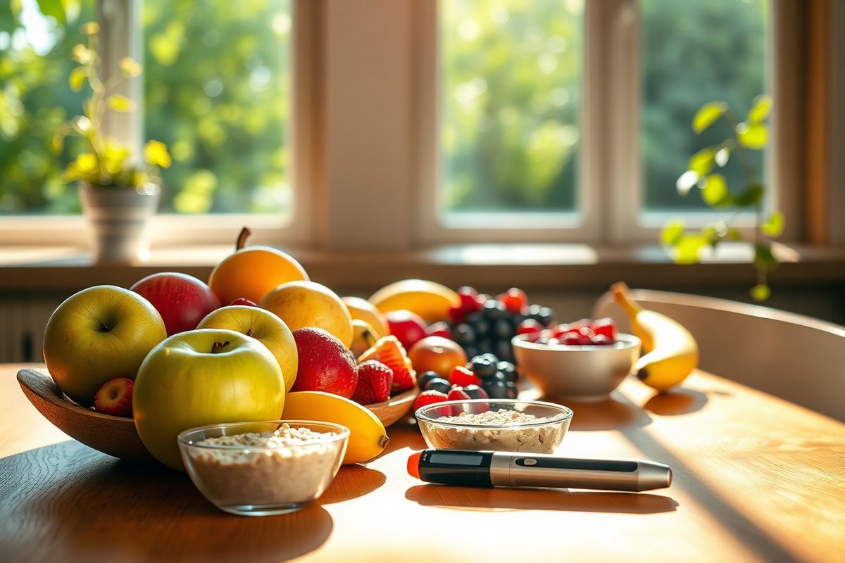 A photorealistic image depicting a serene kitchen scene bathed in warm, natural light. In the foreground, a wooden dining table is adorned with a vibrant assortment of fresh fruits, including apples, berries, and bananas, symbolizing a healthy diet essential for managing diabetes. A sleek insulin pen and a glucose meter are subtly placed next to a small bowl of oatmeal, showcasing the importance of daily monitoring and balanced meals.   In the background, a window reveals a lush garden, with sunlight filtering through the leaves, creating a calming atmosphere. A potted plant sits on the windowsill, representing growth and vitality. The overall composition conveys a sense of balance between health and daily life, emphasizing the importance of nutrition, self-care, and the nurturing environment for individuals living with type 1 diabetes. The colors are warm and inviting, with soft shadows and highlights that bring out the textures of the wooden table and the freshness of the fruits, creating a harmonious and uplifting visual that resonates with the theme of managing diabetes effectively.